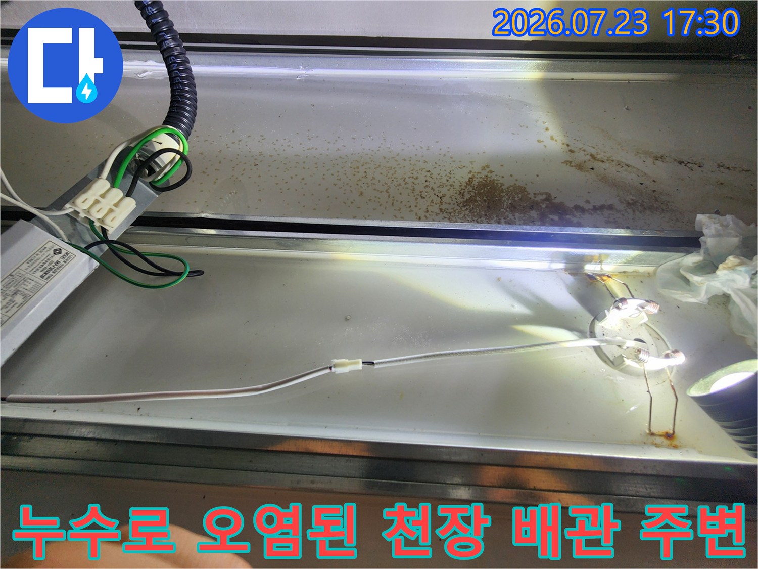 화장실-천장-속-전선-뭉치와-물-얼룩이-남은-금속-판넬
