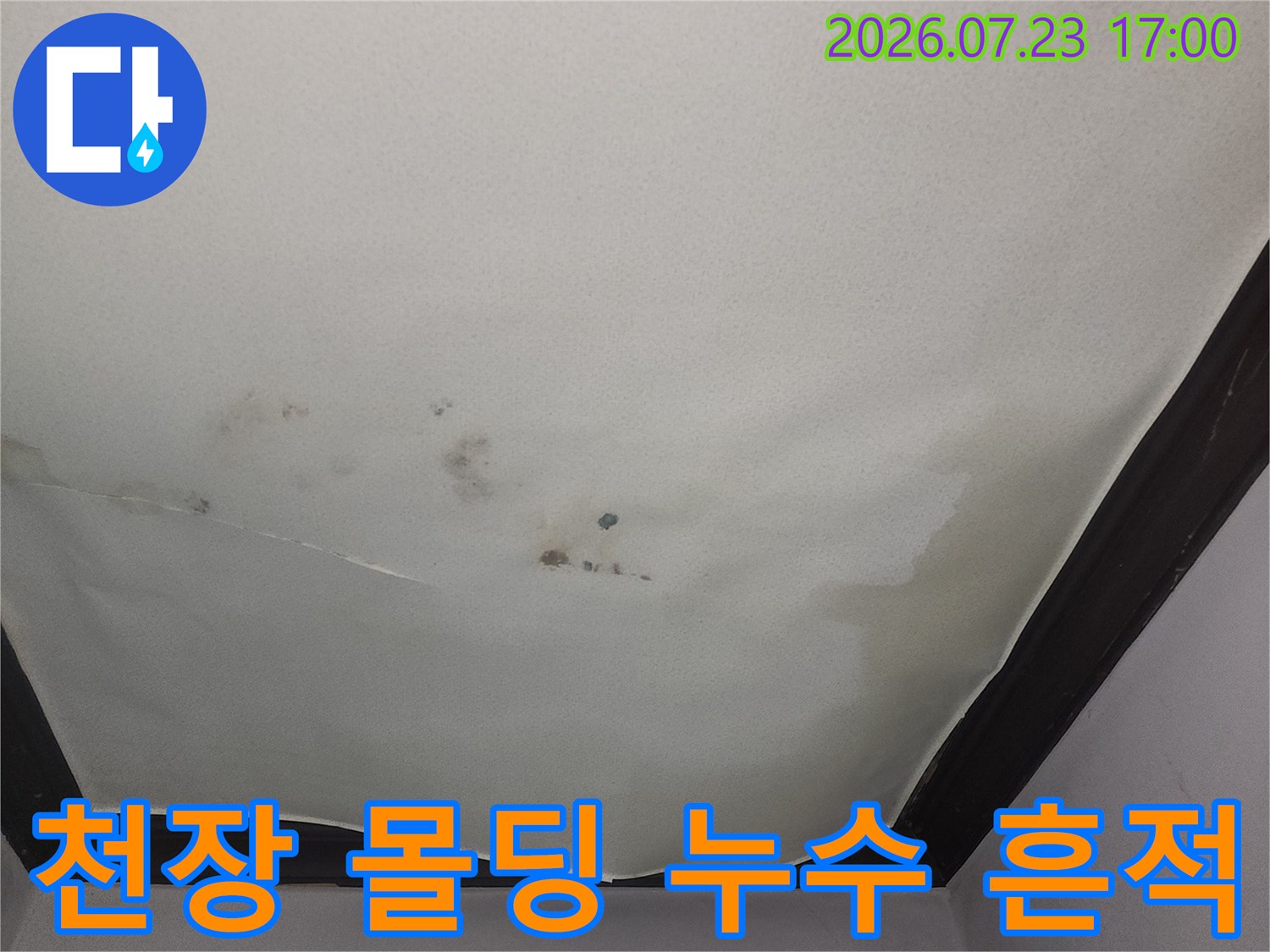거실 천장 가장자리 부분에 물 얼룩이 넓게 퍼져 있고 벽지가 쳐진 모습-사진