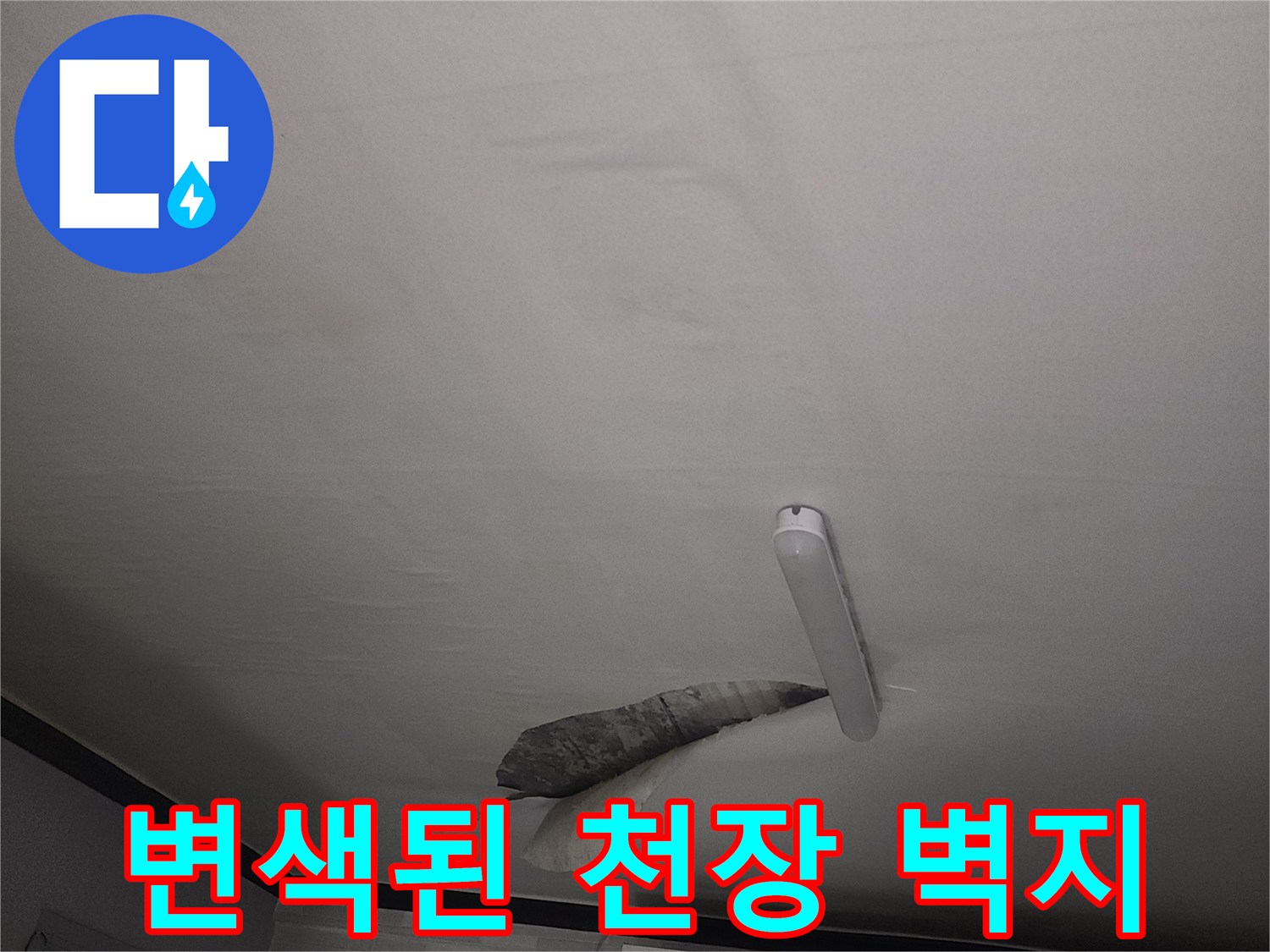 물샘으로 인해 어둡게 얼룩진 천장 부위