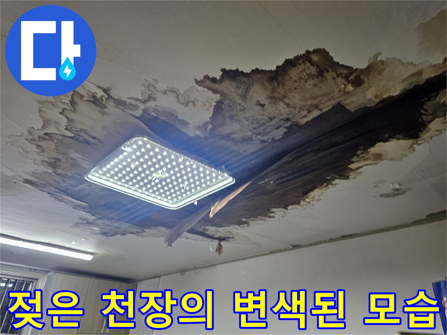 천장 조명 근처-누수로 인해 검게 변한 마감재