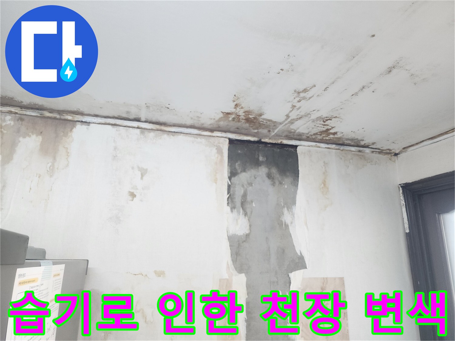 습기 침투로 변색된 천장-곰팡이가 번진 벽면 상단