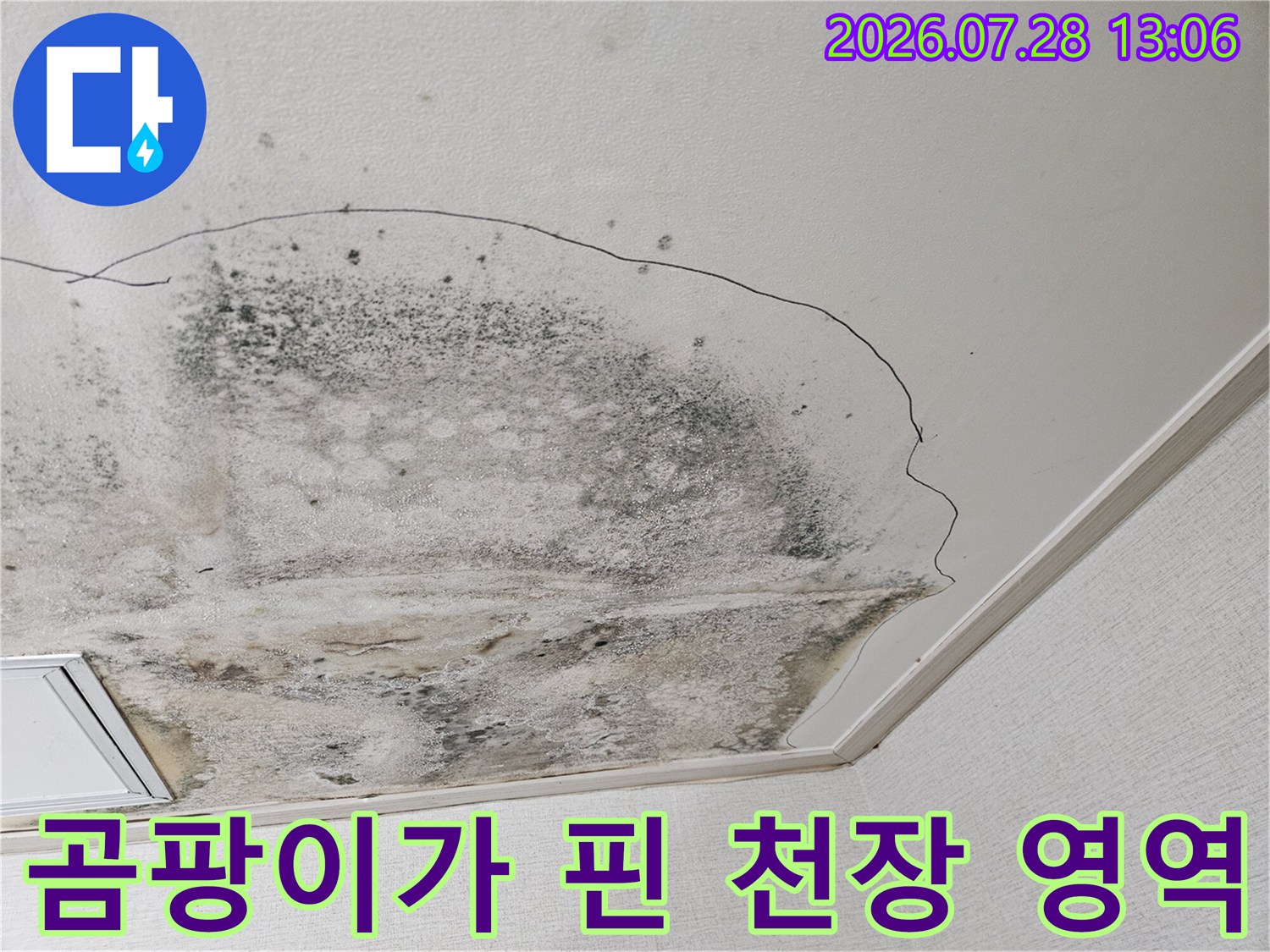 상부 배수 라인 결함으로 인해 오염된 주방 천장 마감재 상태