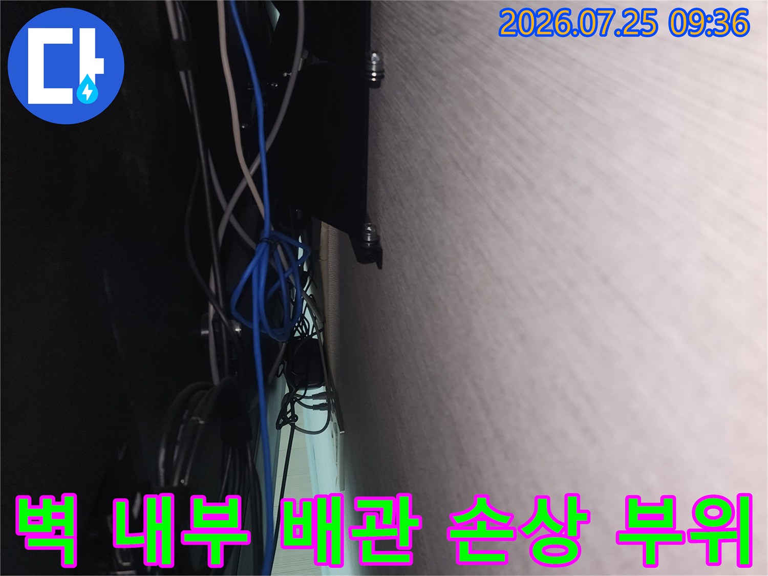 복잡한 전기선과 파란색 케이블이 얽힌 누수 점검 현장