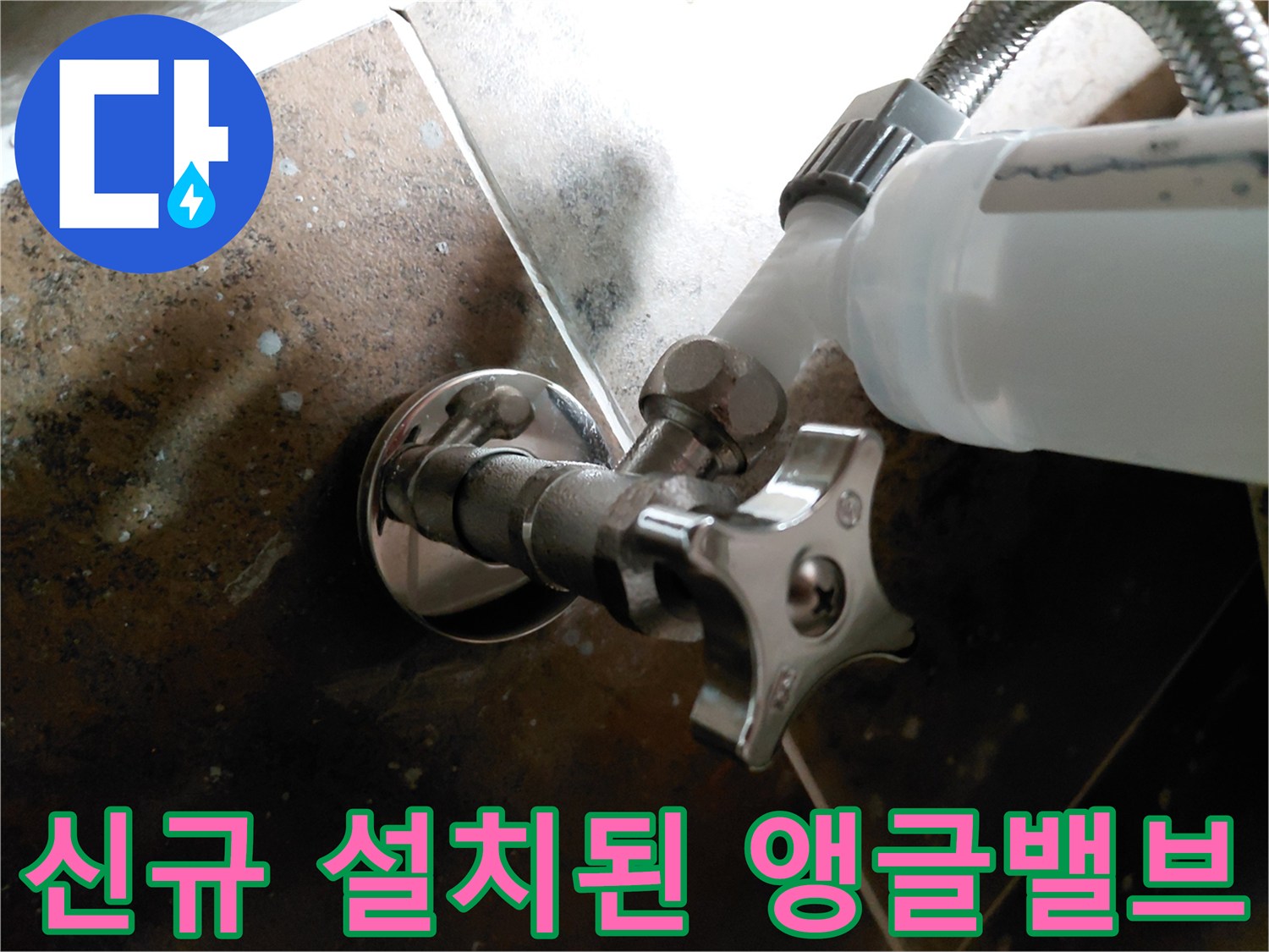 변기 급수 라인을 위해 새롭게 장착된 앵금밸브와 연결 호스 상세 사진입니다.