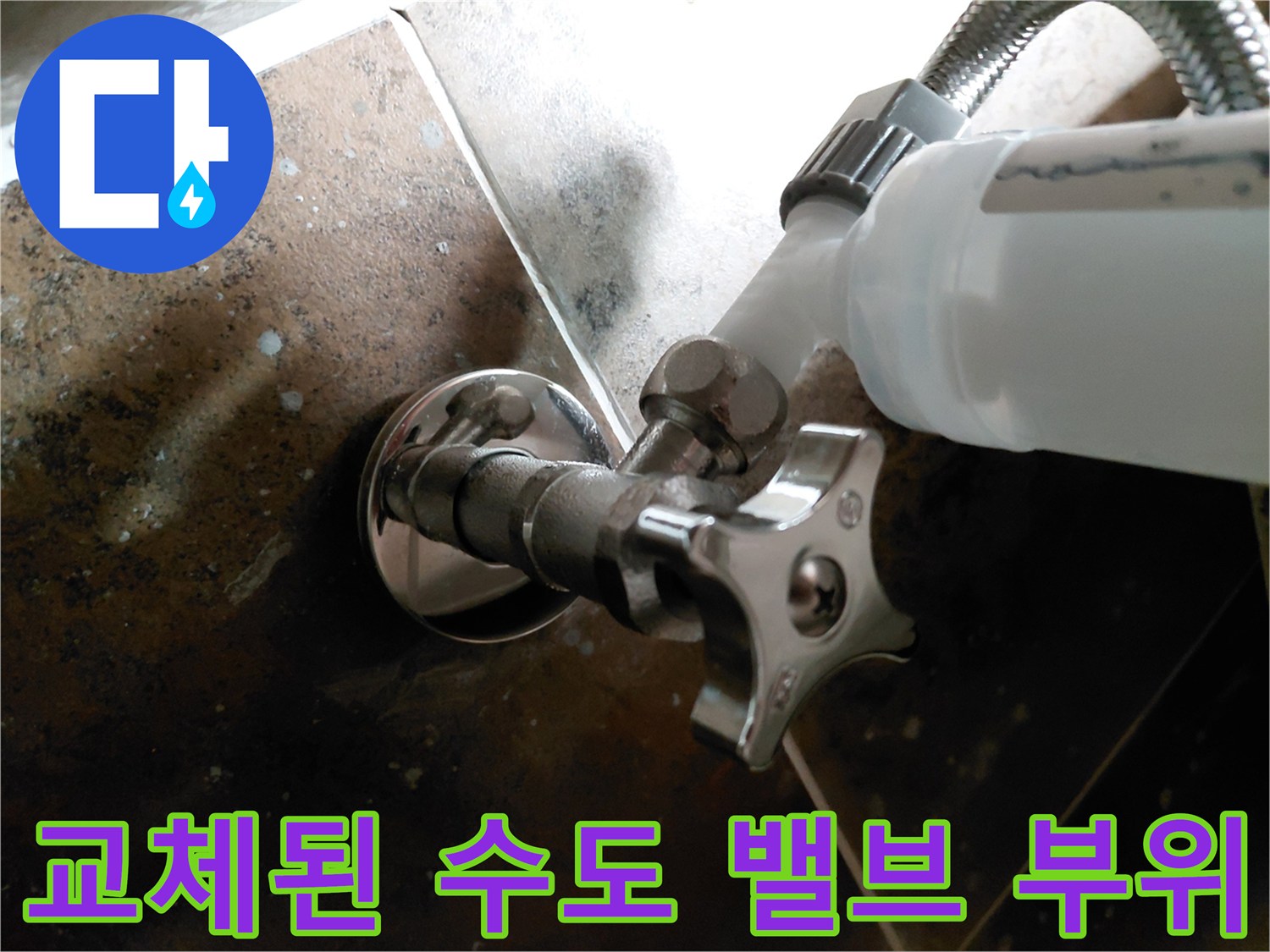 새로운 앵글밸브와 유연한 급수 호스가 안정적으로 연결된 배관 작업 사진입니다.