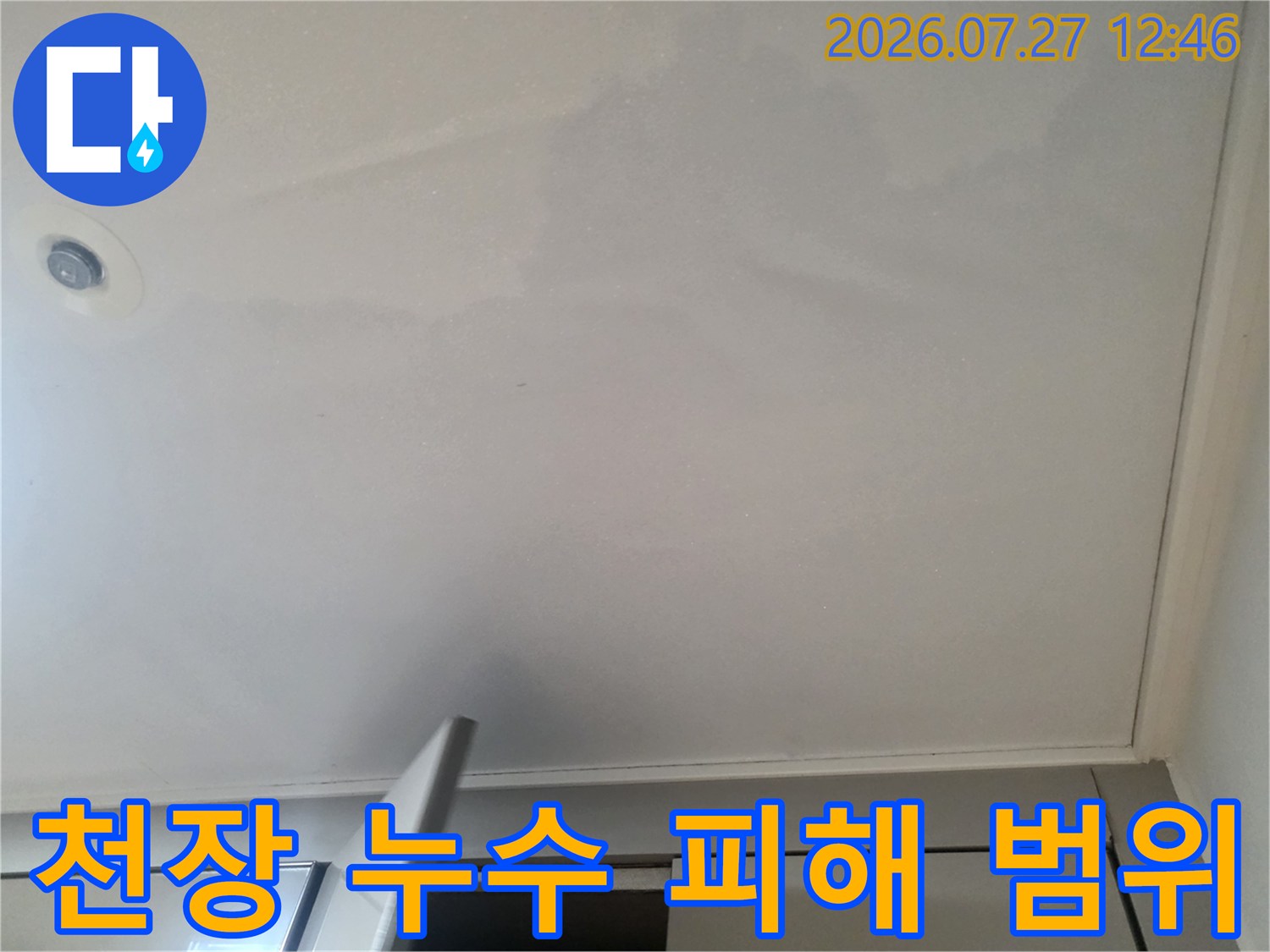 전체적으로 습기가 차올라 변색이 진행된 천장 표면 사진