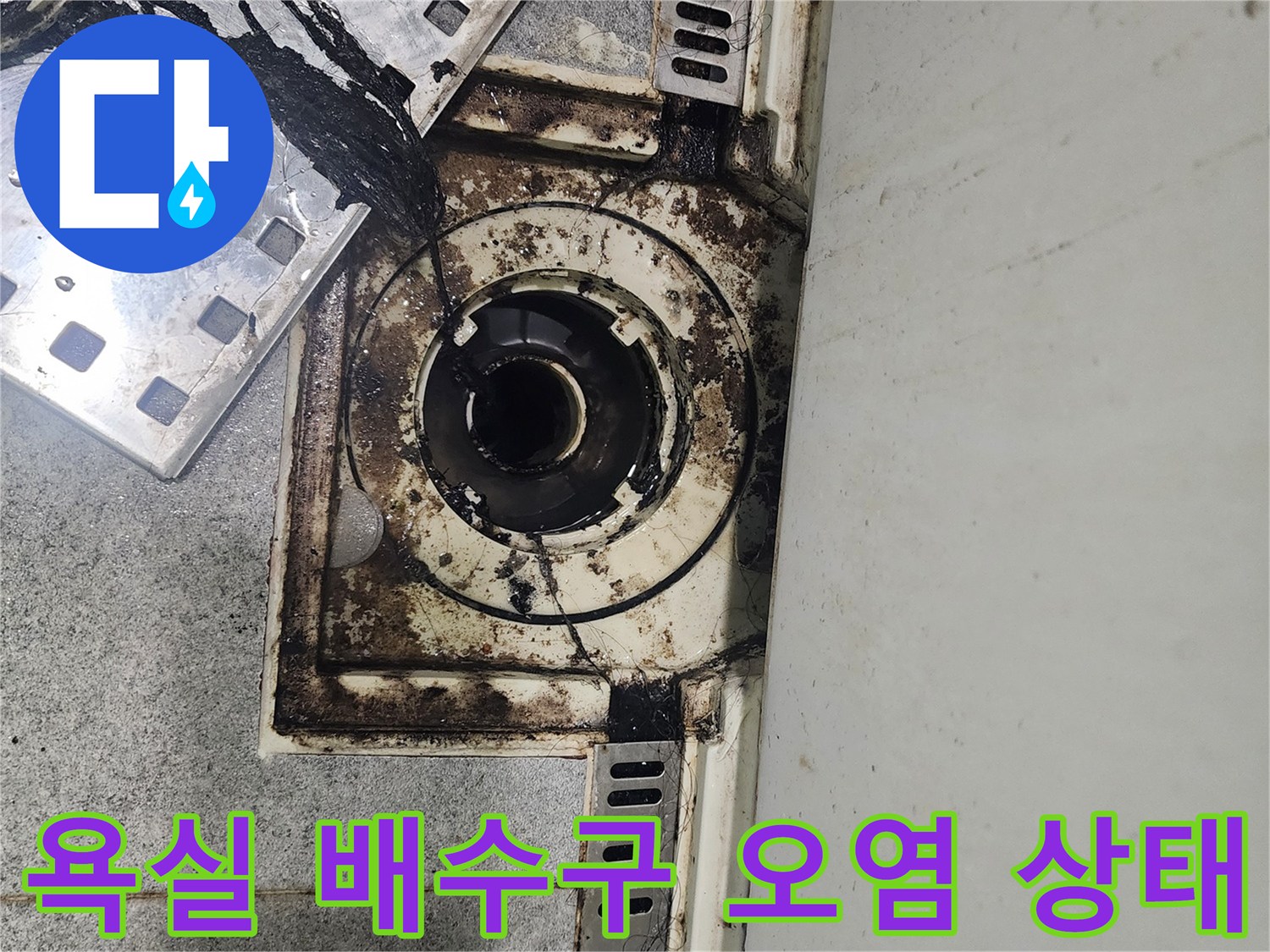 욕실 바닥 배수구 주변의 찌꺼기와 물때가 섞인 오염된 모습입니다.