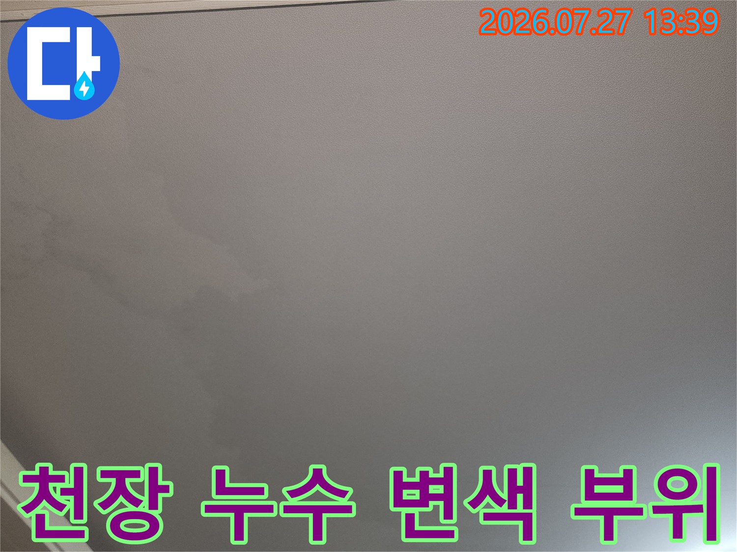 전체적으로 습기가 올라와 색이 어둡게 변한 거실 천장의 모습
