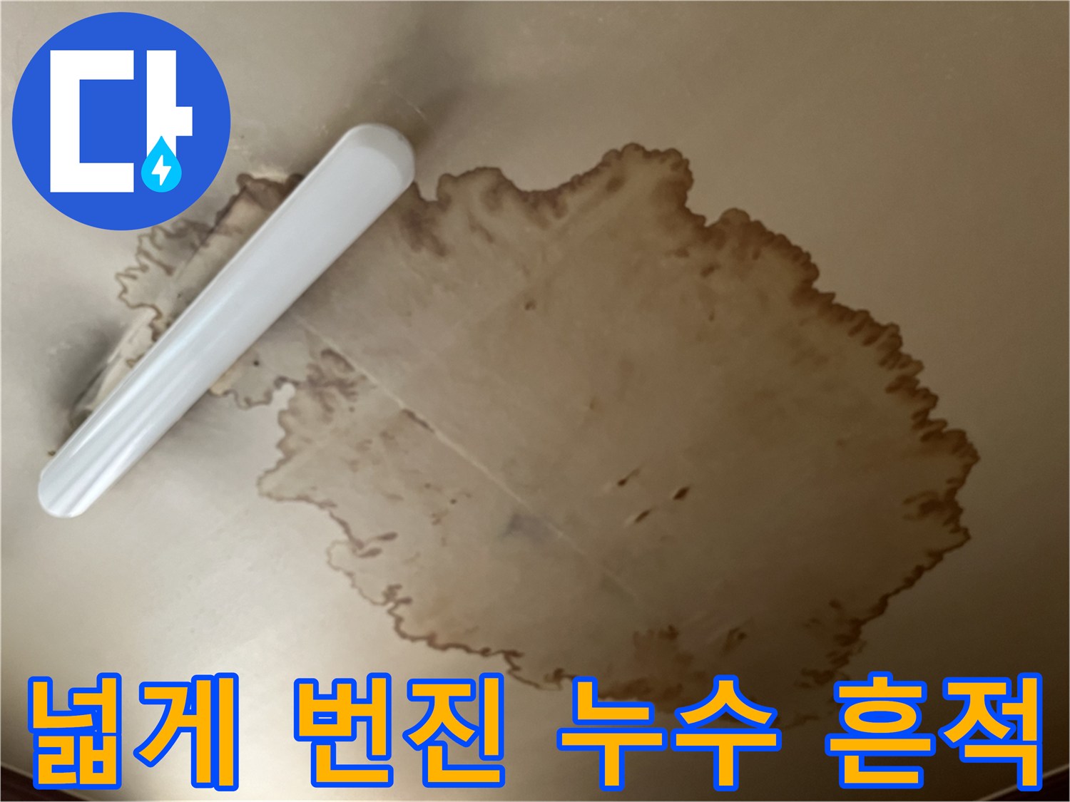 천장 중앙부까지 넓게 퍼진 갈색 물샘 얼룩
