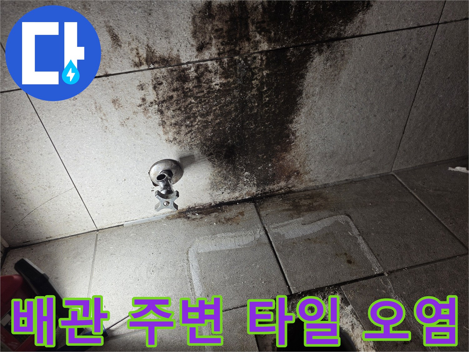 변기 배관 연결 부위 근처의 젖은 타일과 곰팡이 흔적