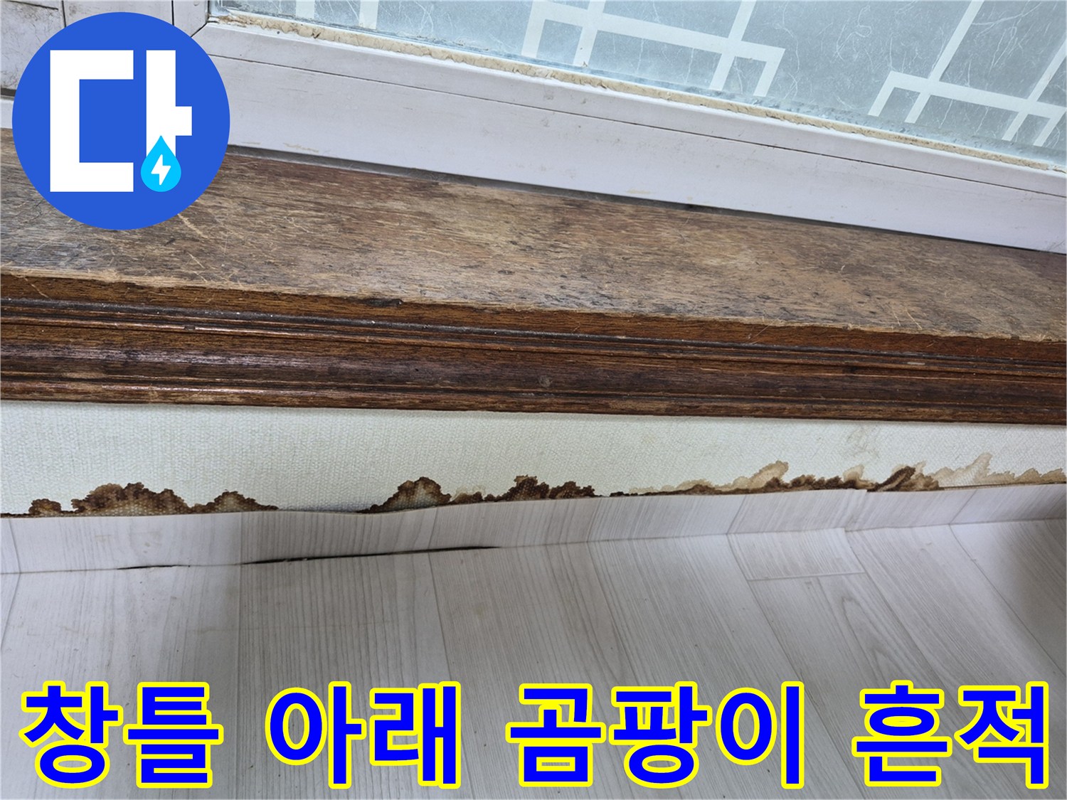 습기로 인해 갈색으로 변질된 창문 하단 벽지 모습