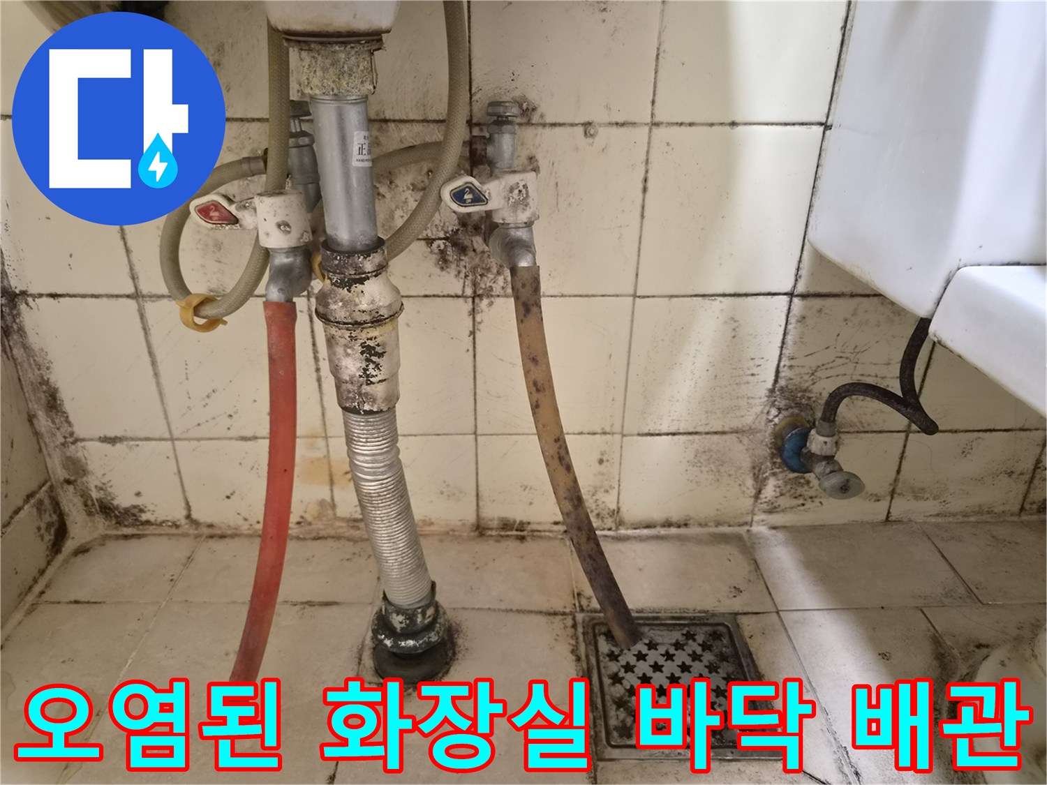 화장실 배수구와 수도 밸브의 오염된 상태를 보여주는 사진