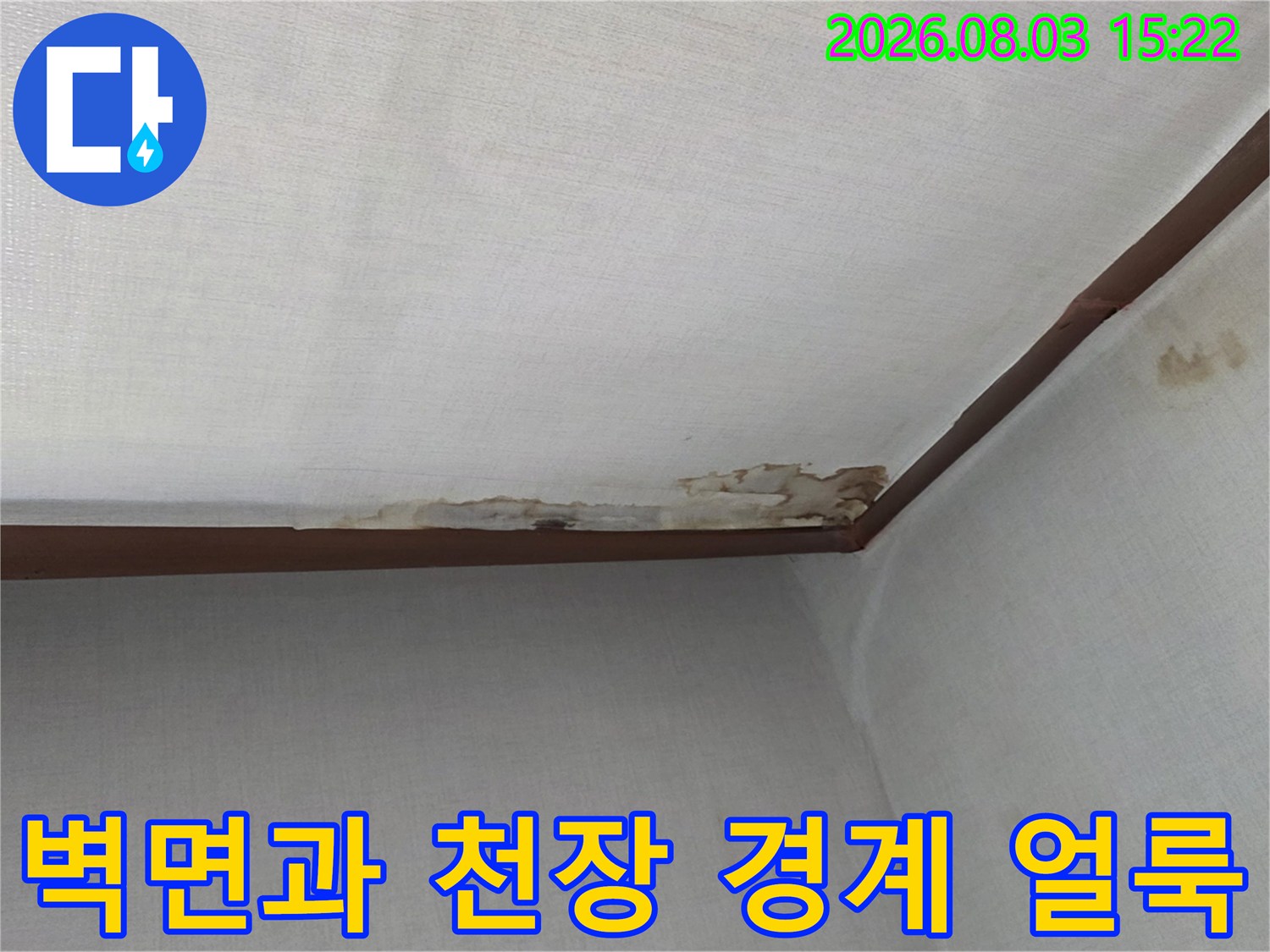 천장 모서리 부위의 습기로 인한 마감재 변색 및 오염 상태