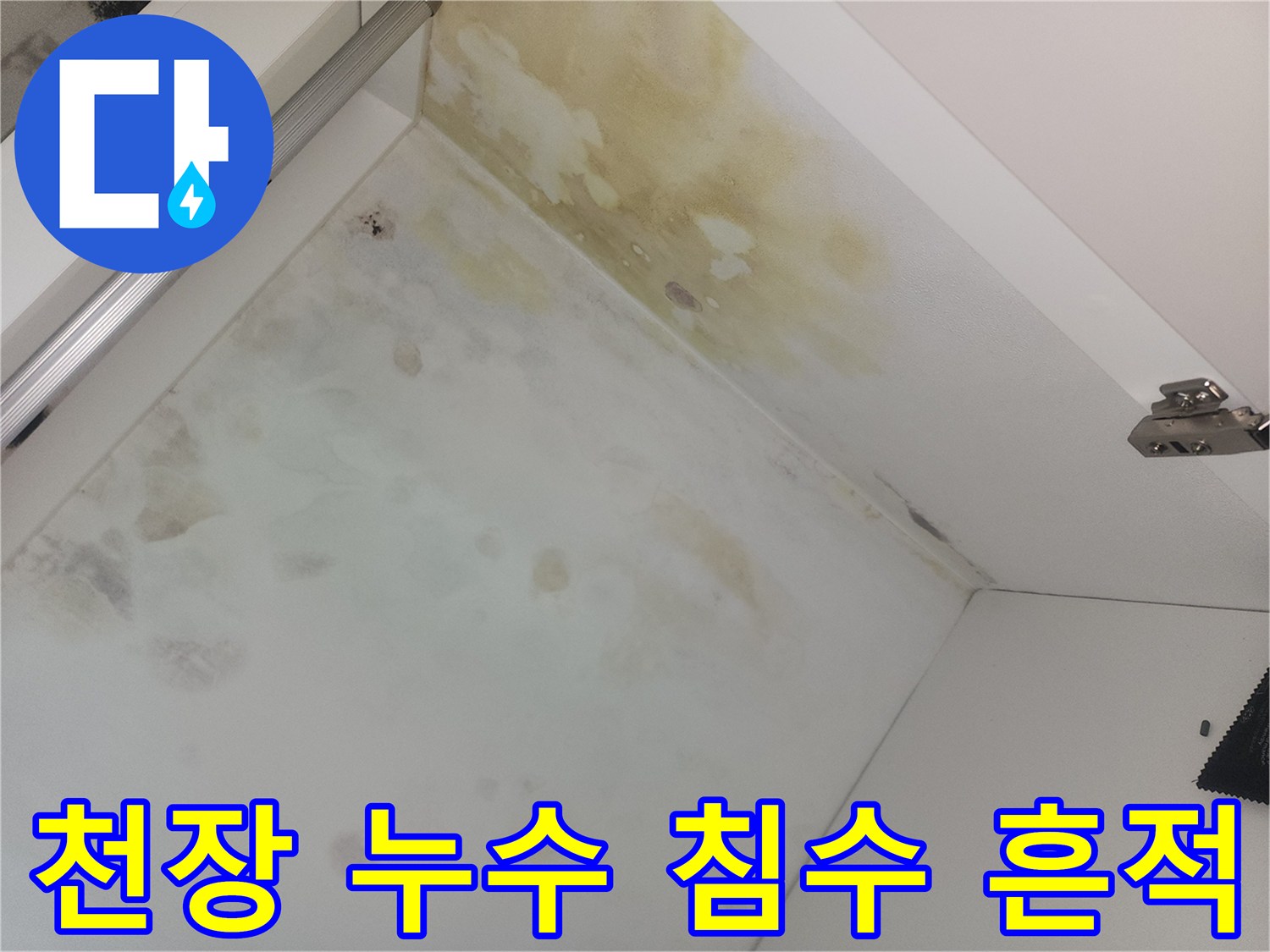 누수 발생으로 인한-천장 마감재의 심한 변색과 오염