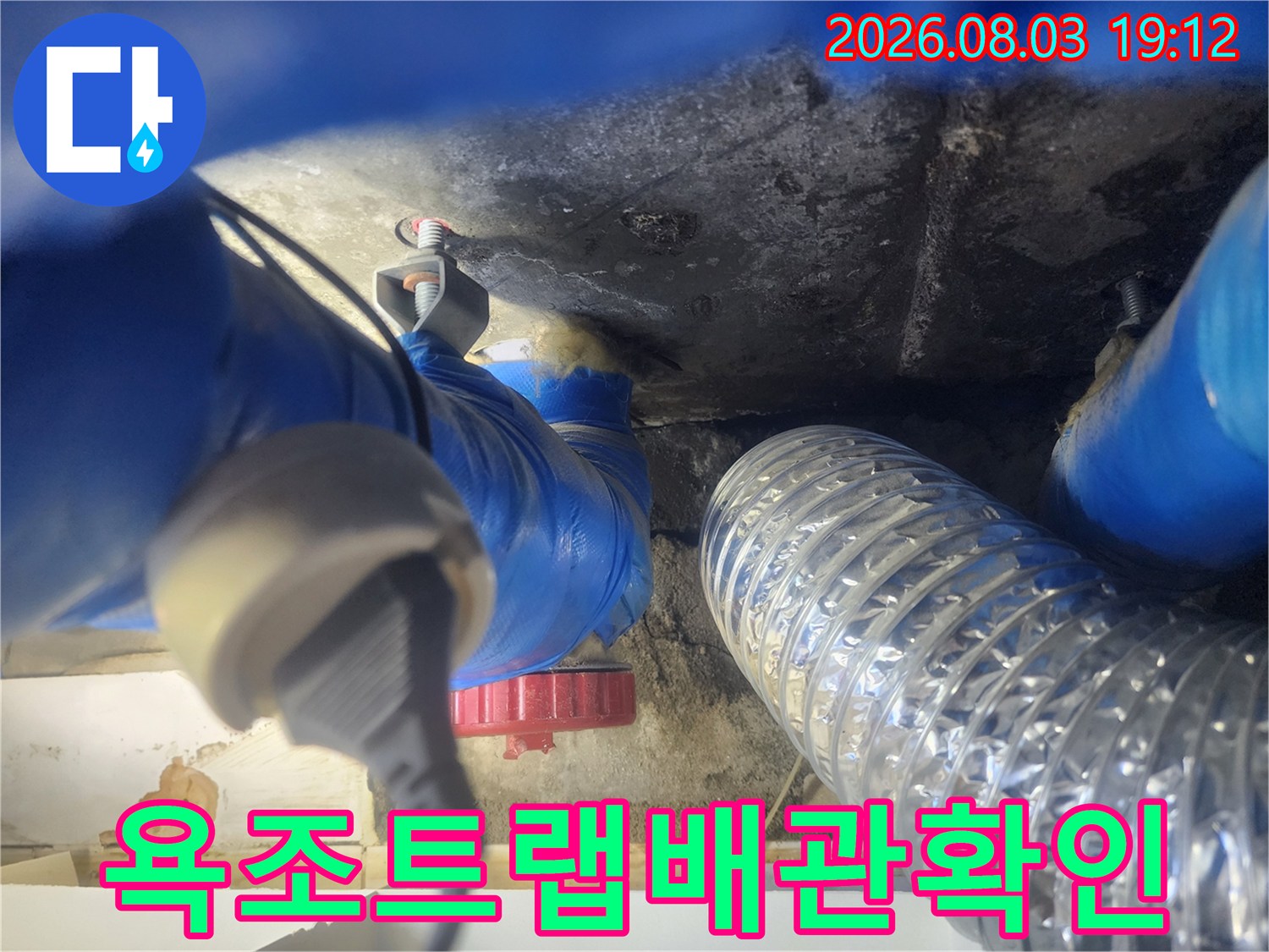 배수구 트랩과 파란색 배관이 연결된 천장 내부 구조