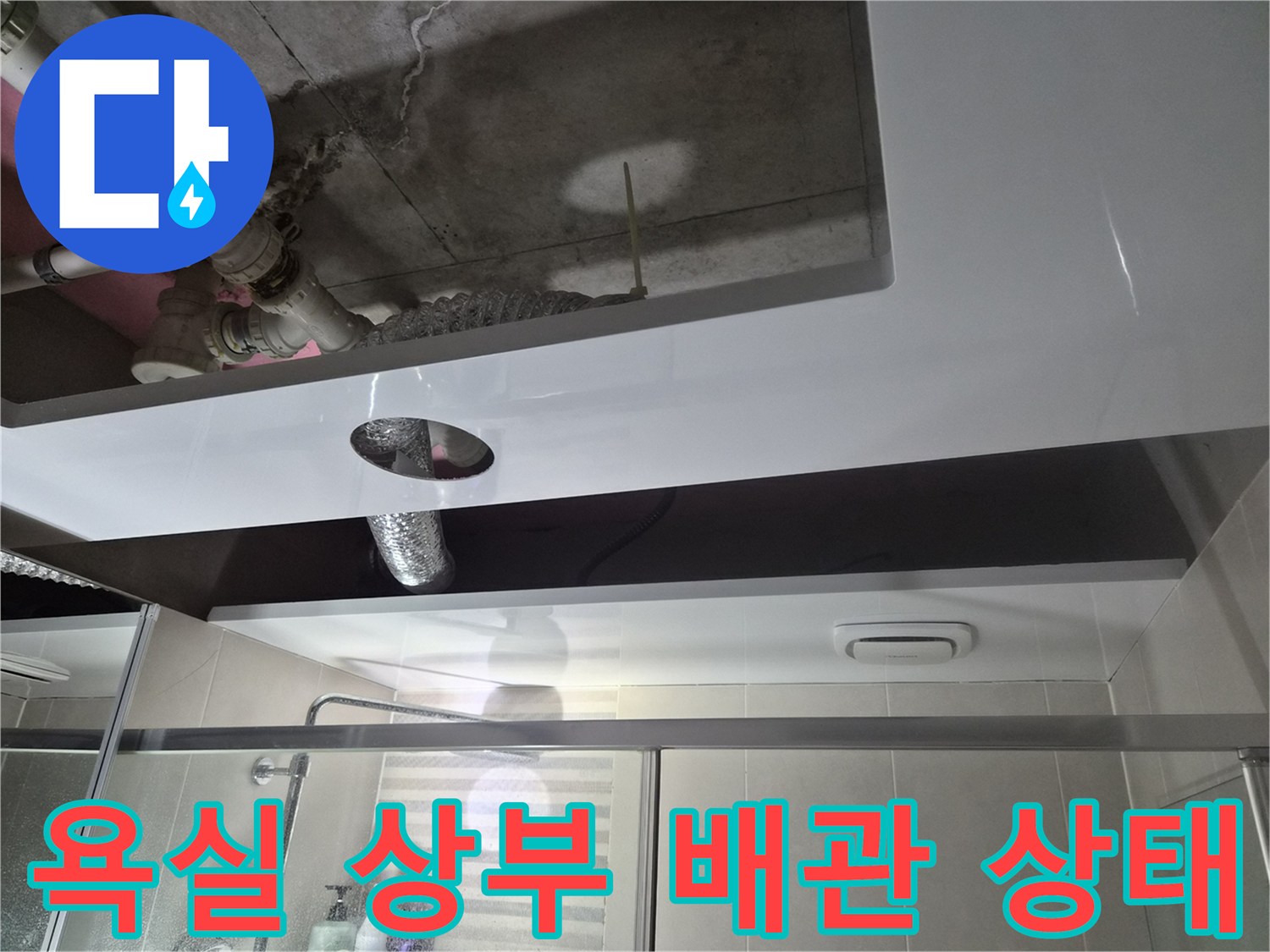 신규 설치된 돔 천장 - 점검구를 통해 드러난 상층 배수 배관의 모습