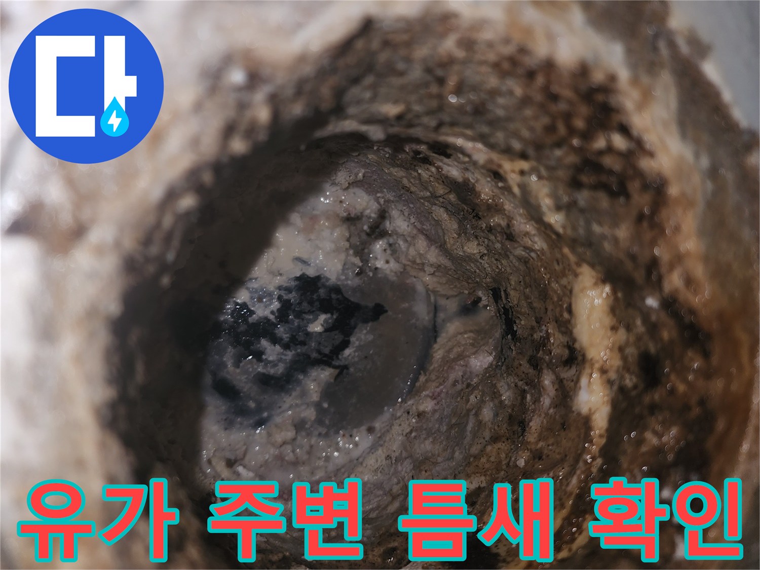 배수구 유가 주변의 균열과 오염된 상태를 근접 촬영한 사진입니다.
