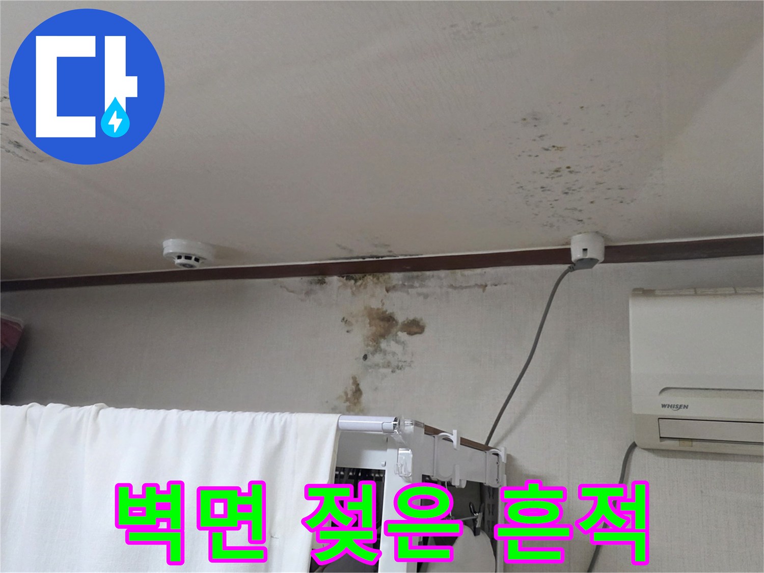 천장 및 벽면 경계-누수로 인한 습기 침투와 곰팡이 발생