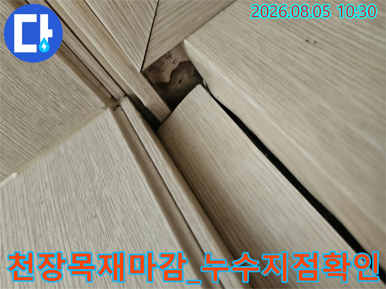 천장 목재 마감재 사이로 보이는 누수 흔적과 노출된 내부 구조