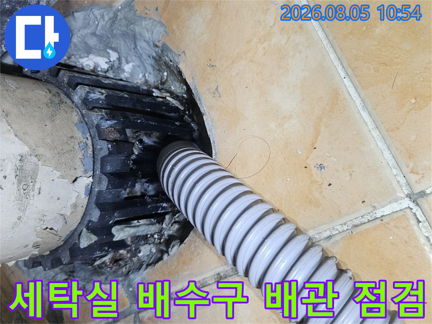 상태가 노후된 세탁실 배수용 유가와 연결된 주름관 배관을 근접 촬영한 사진