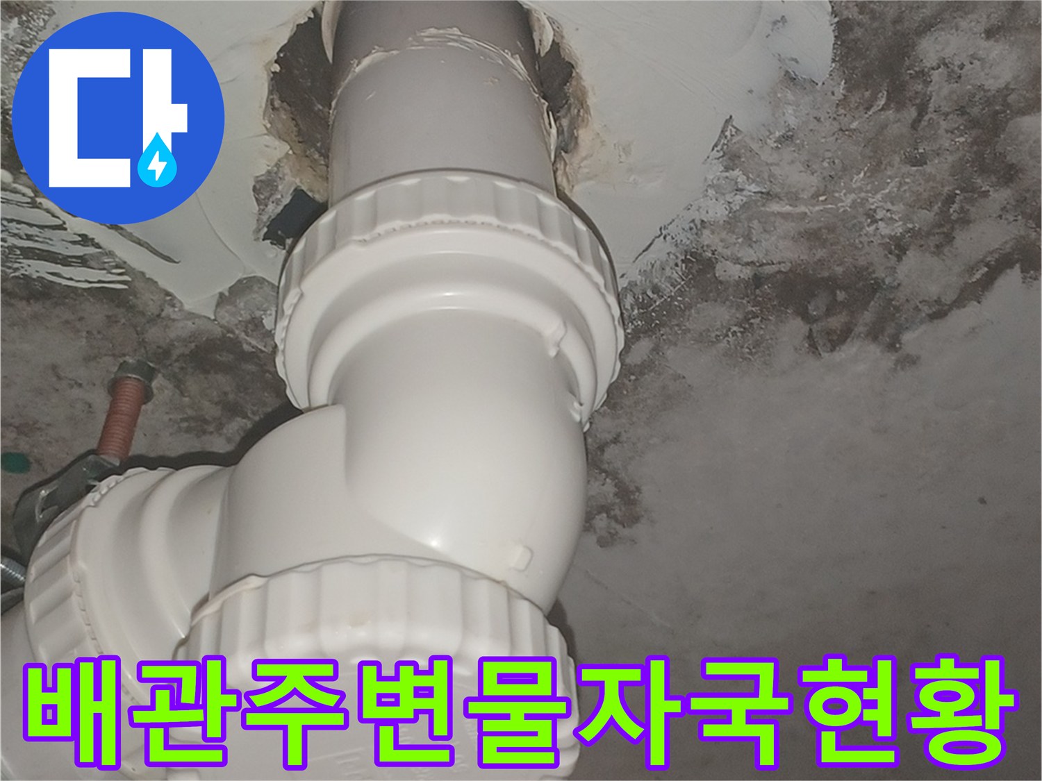 흰색 배관 주위의 검은 곰팡이와 얼룩