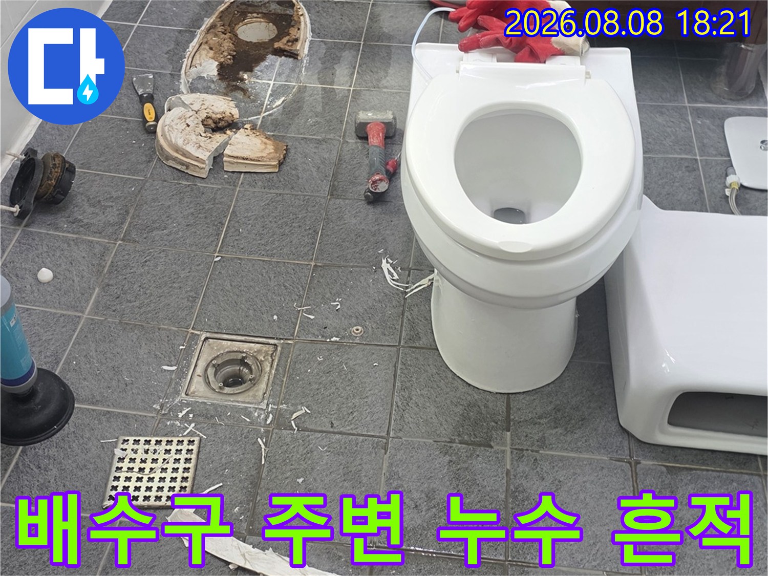 배수구와 변기 배관 주변에 고여 있는 물과 오염된 바닥 상태