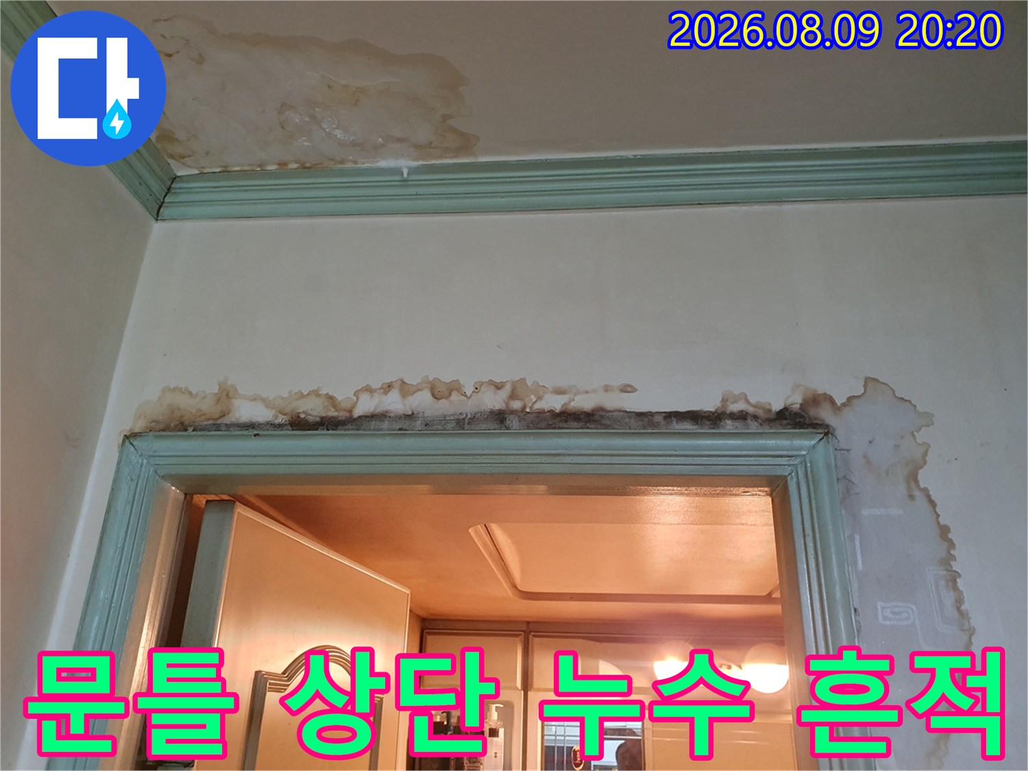 문틀 주변 벽면-천장부터 문틀까지 이어지는 누수 및 곰팡이 자국