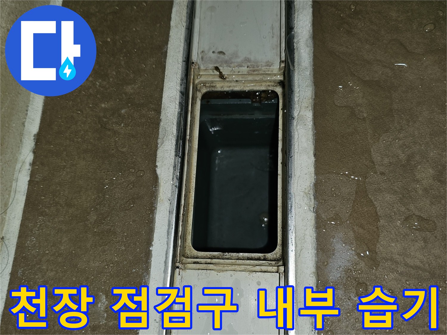 아파트 천장 점검구 내부에 고인 물과 습한 상태를 보여주는 사진입니다.