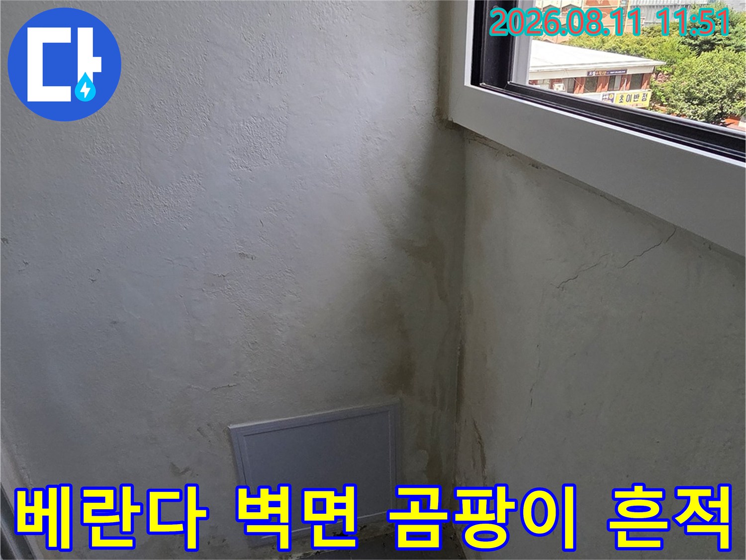분당 정자동 아파트 베란다의 습기 찬 벽면과 곰팡이 발생 부위