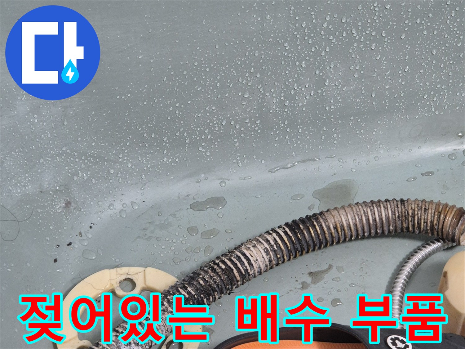 물기에 젖은 욕조 배수 부속과 호스