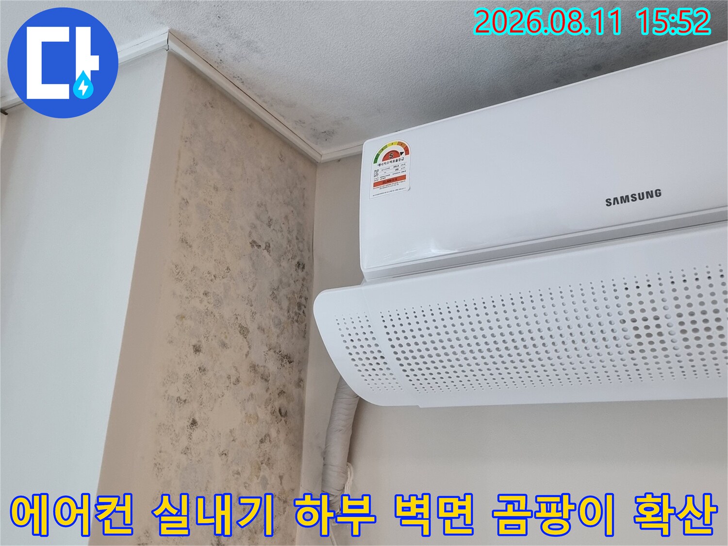삼성 에어컨 아래쪽 벽면과 수납 선반에 검은 곰팡이가 광범위하게 퍼져 있는 모습