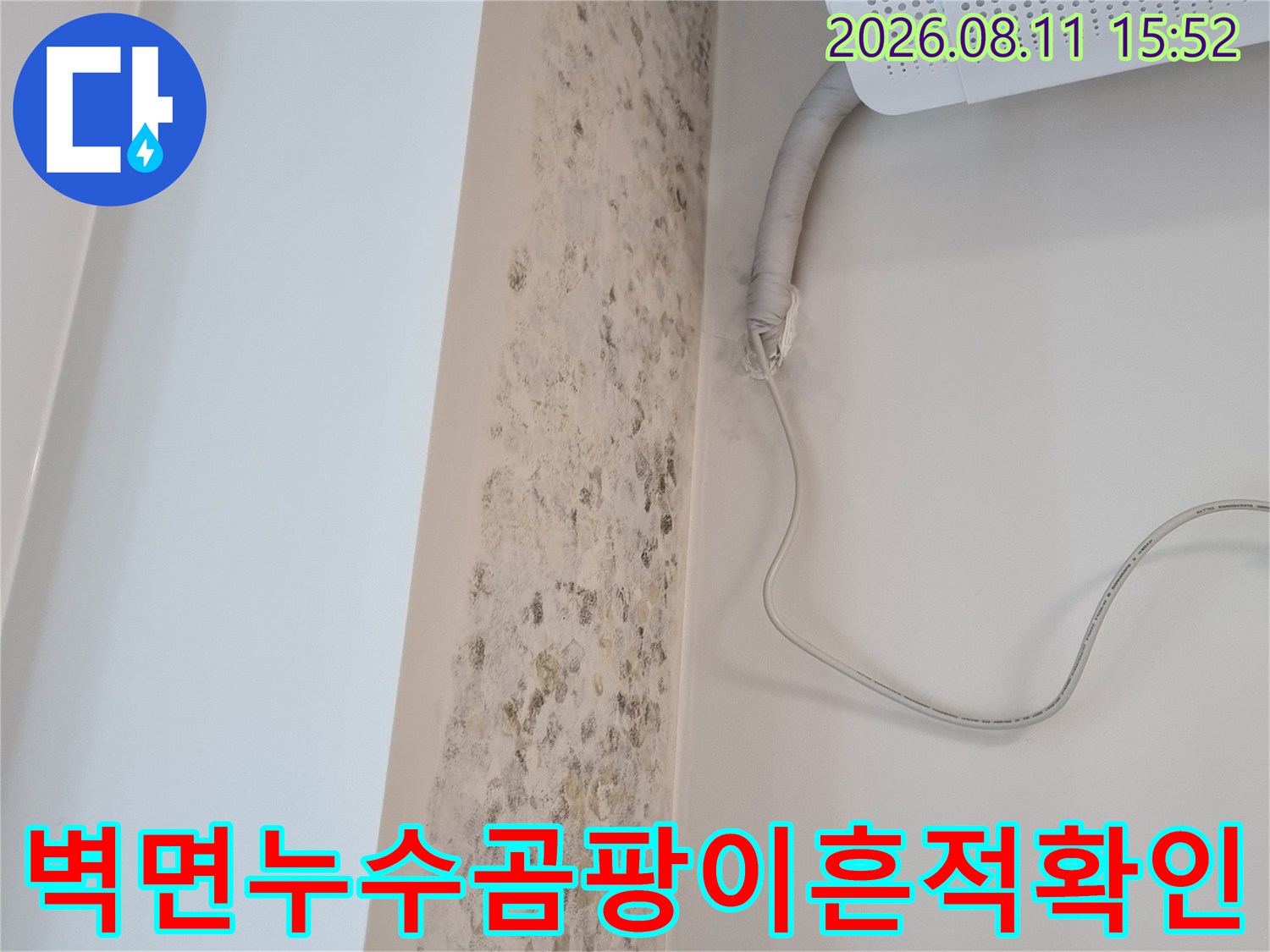 흰색 벽면에 넓게 퍼진 얼룩덜룩한 곰팡이 자국과 에어컨 연결 배관의 모습