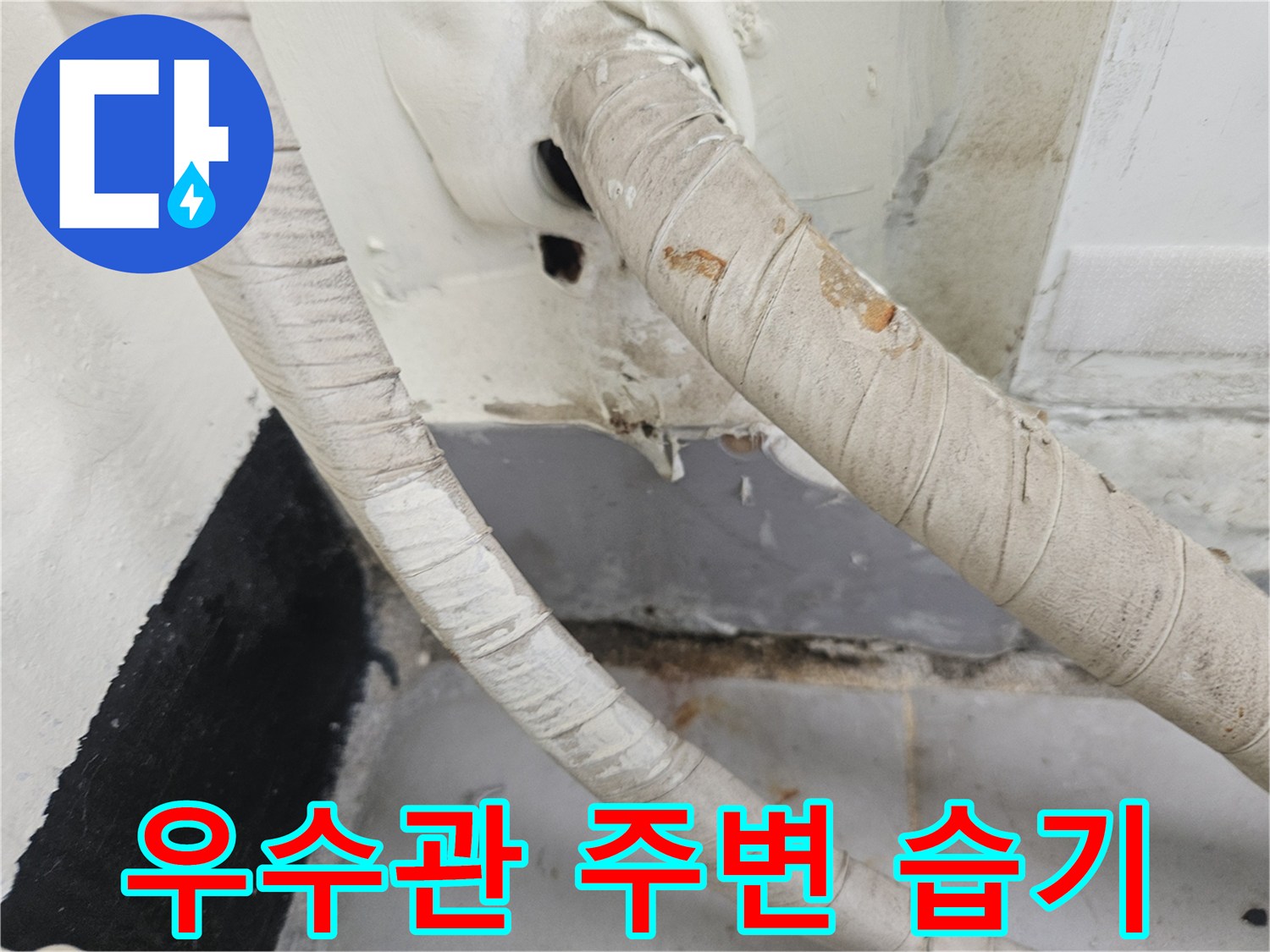 축축하게-젖어있는-우수관-보온재와-벽면의-변색 부위