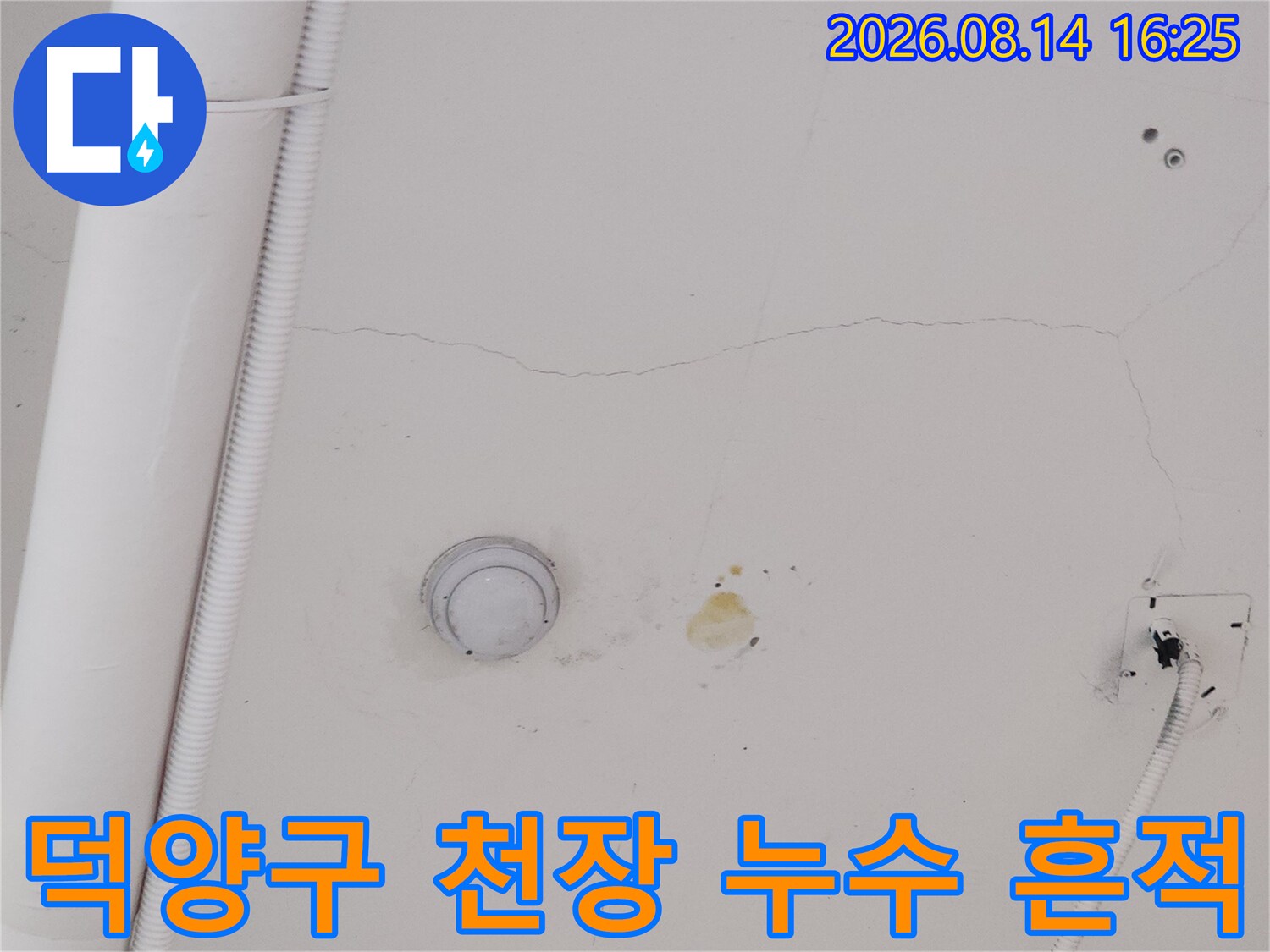 고양시 덕양구 상가 건물-천장 표면에 나타난 누수 얼룩과 균열 상태입니다.