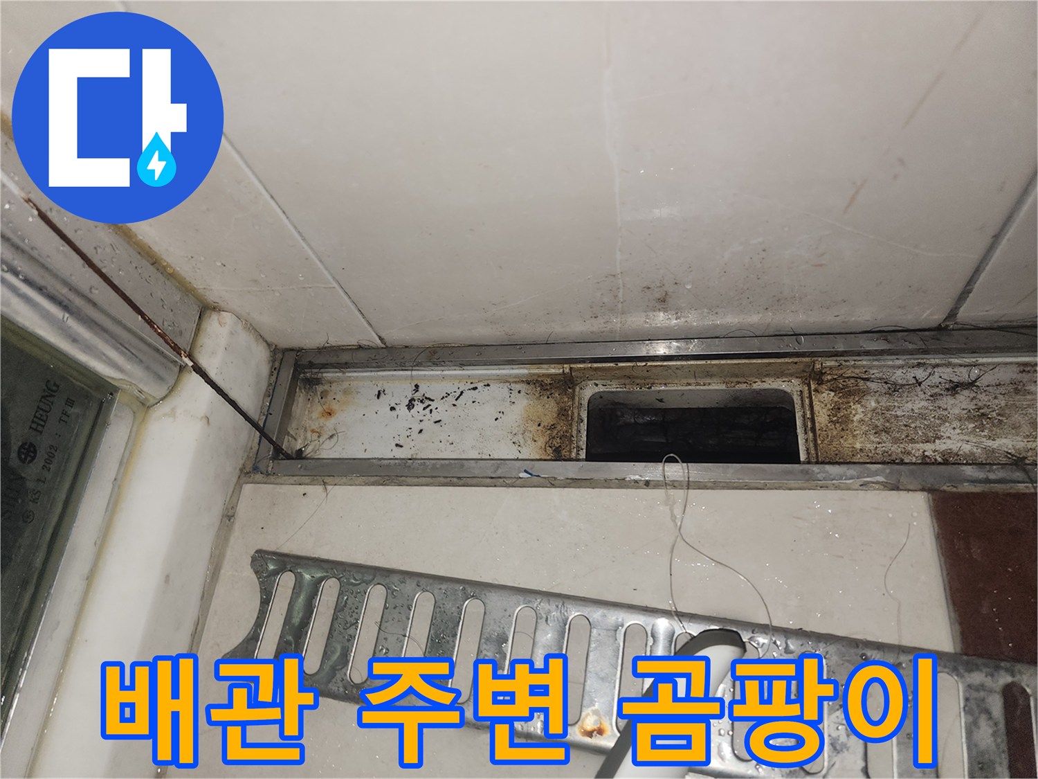 싱크대 하단 벽면-물샘으로 인한 변색과 곰팡이 발생