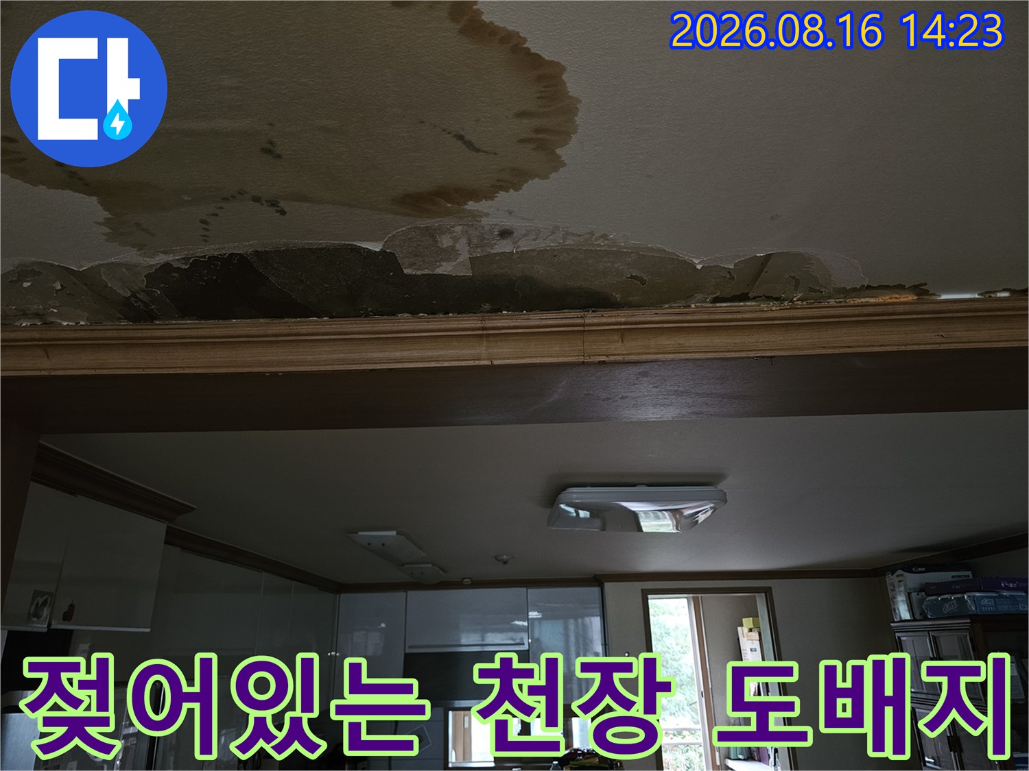 심하게 젖어 색이 변한 천장 도배지와 들뜬 마감재 부위