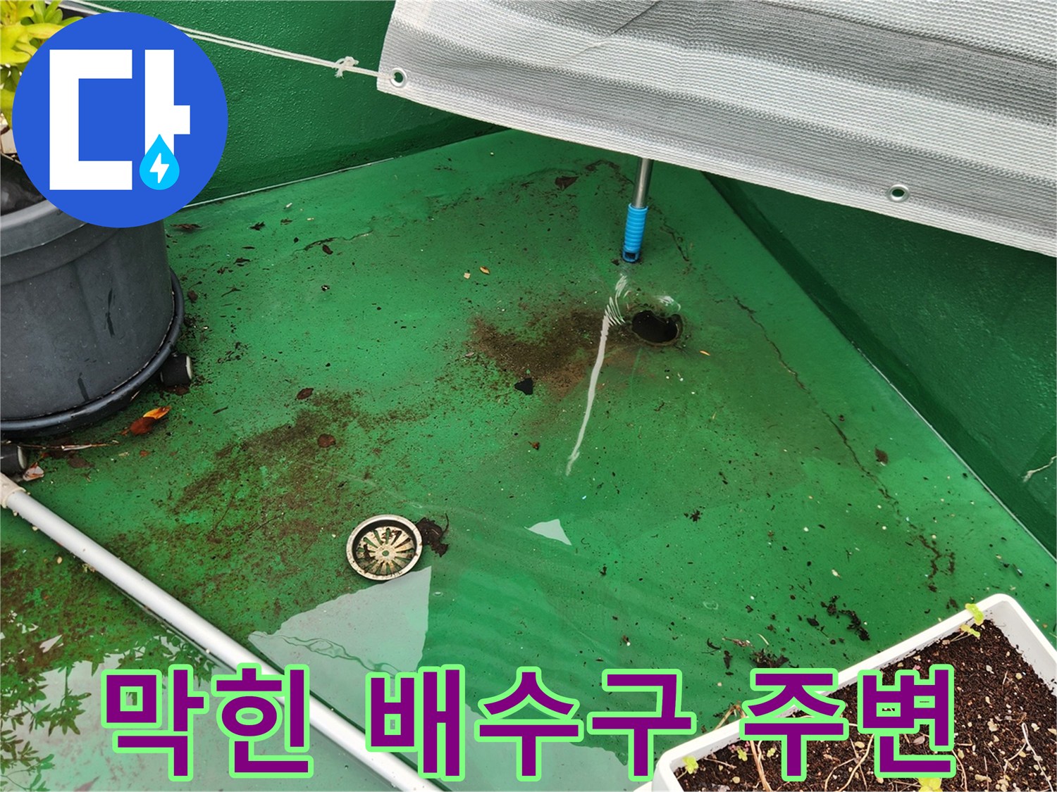 녹색 도장된 옥상 바닥과 물이 고인 배수구 입구