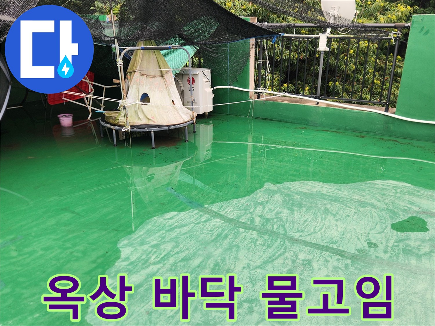 초록색 방수층-위에 물이 고여 있는 옥상 모습
