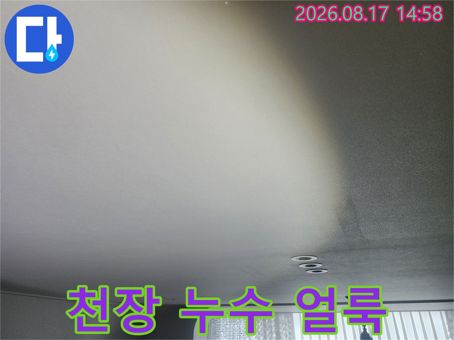 성북구 길음동 아파트 천장에 발생한 넓은 누수 흔적과 습기 상태