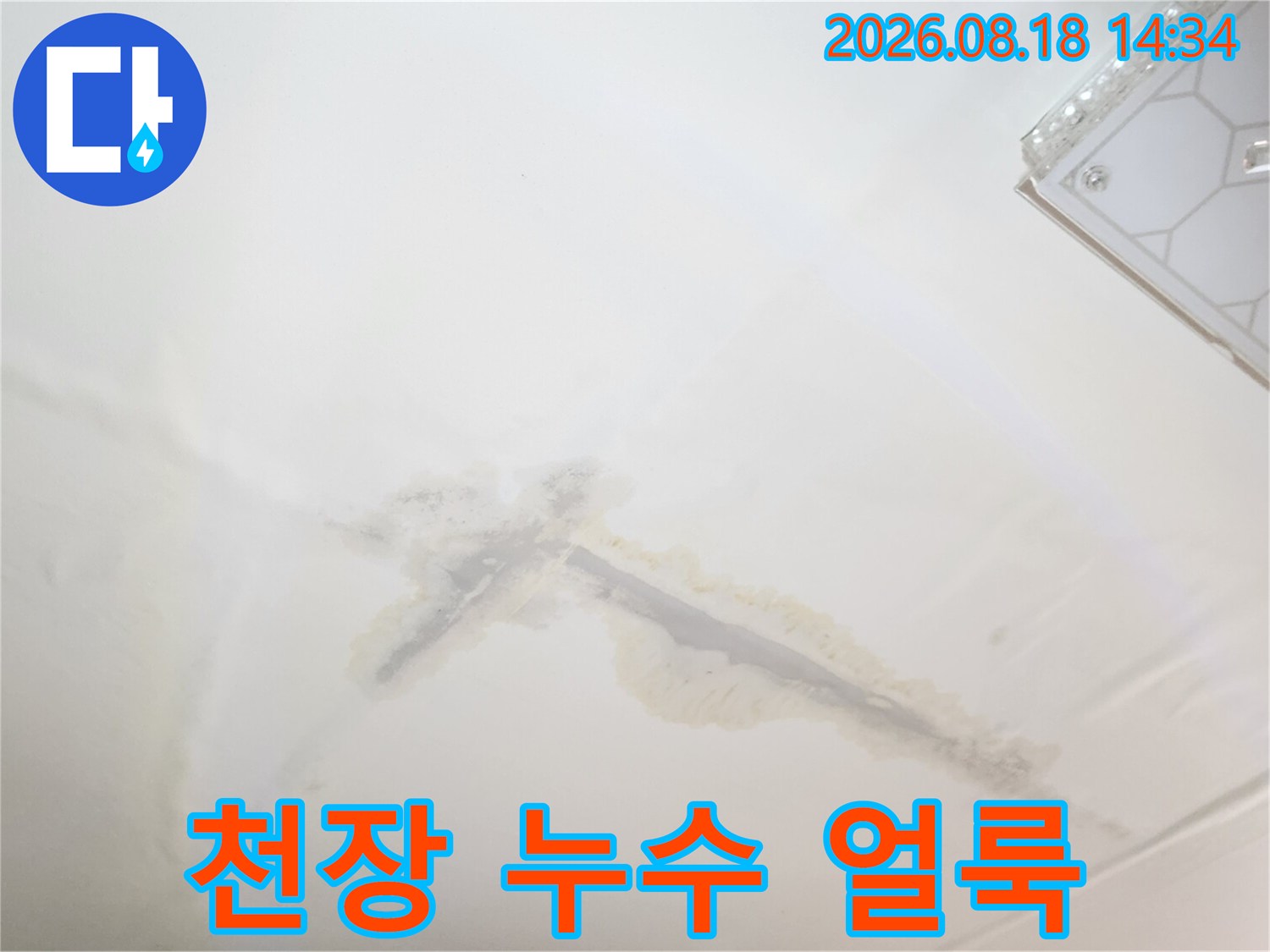 천장 마감재에 발생한 누수 오염 부위