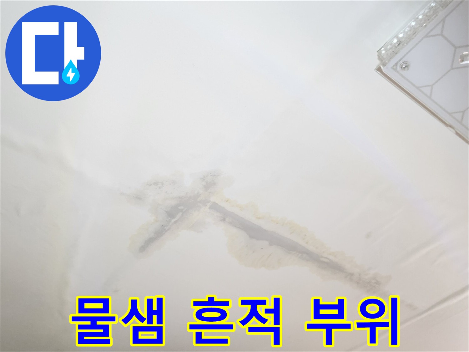 천장 전등 근처에 발생한 누수 피해 및 얼룩 사진