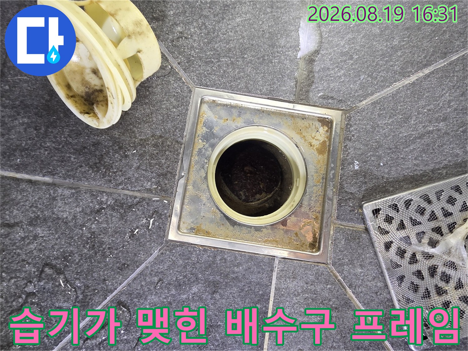 금속 재질의 배수구 프레임과-주변 타일에 고인 물기