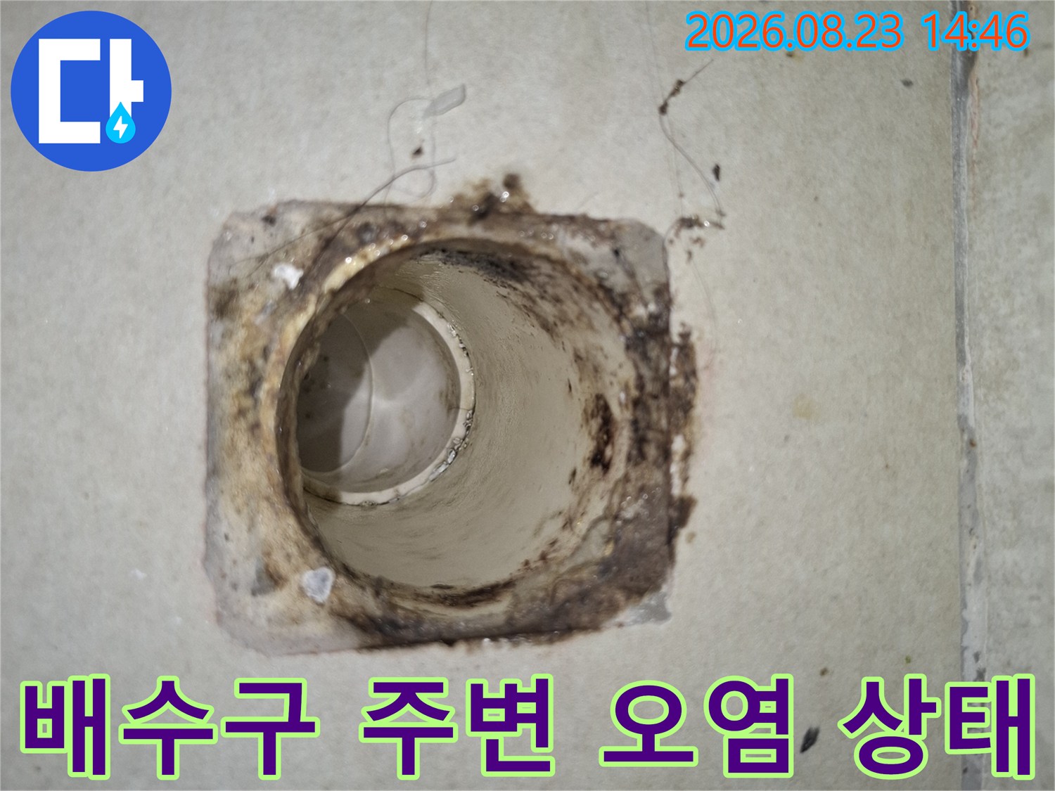오염된 배수구 내부와 배관 주변의 상태를 촬영한 사진입니다.
