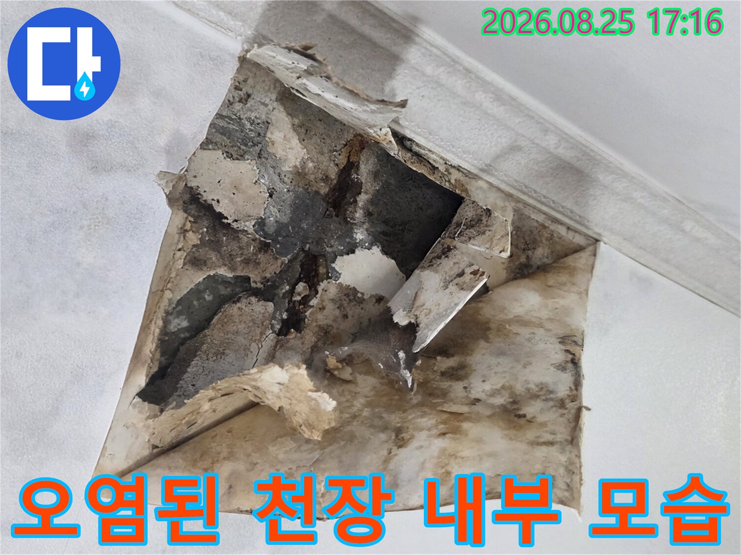 누수로 인한-천장 마감재의 찢어짐과 곰팡이 흔적