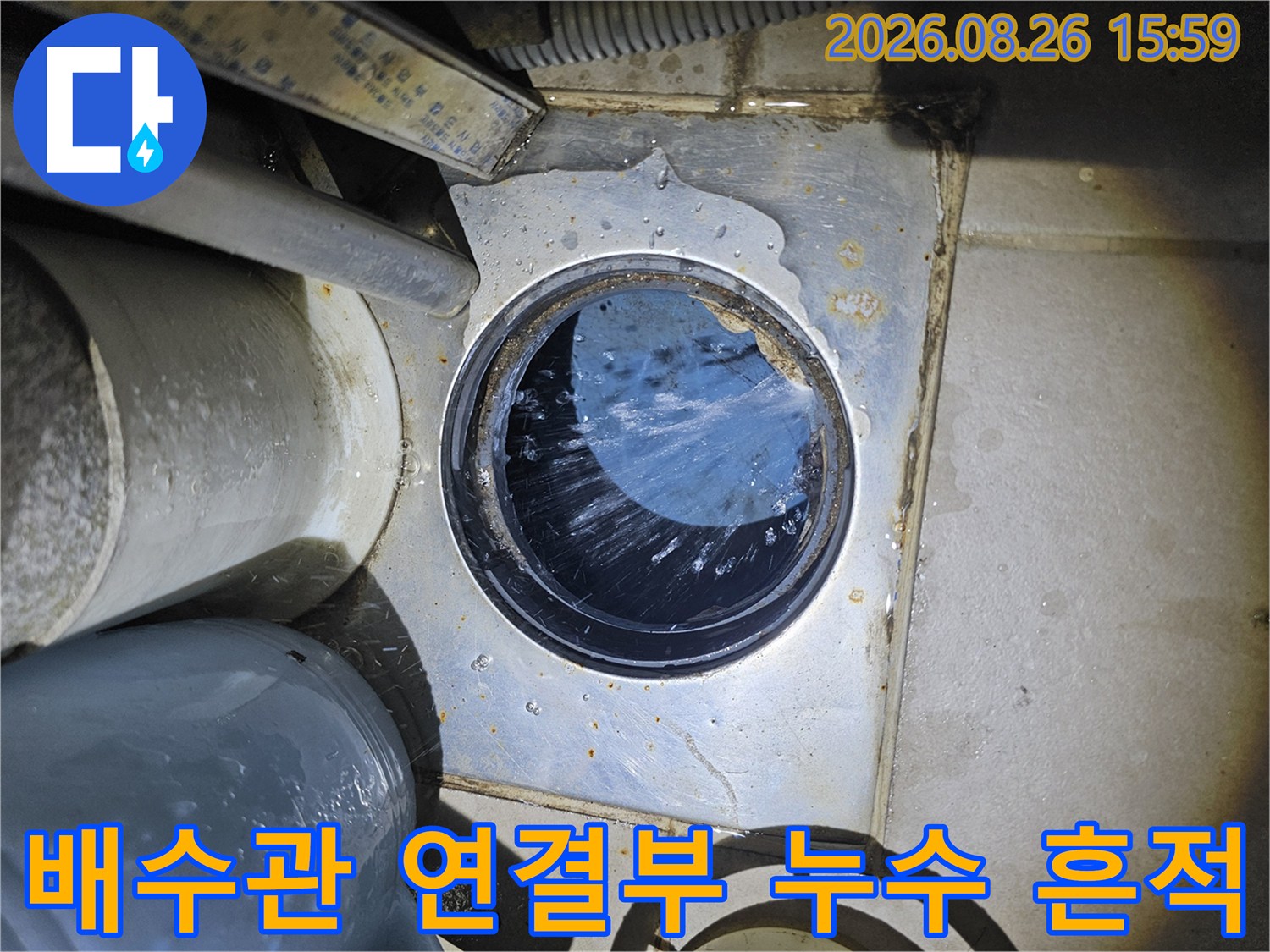 배수관 연결 부위의 물고임과 습기 상태 확인