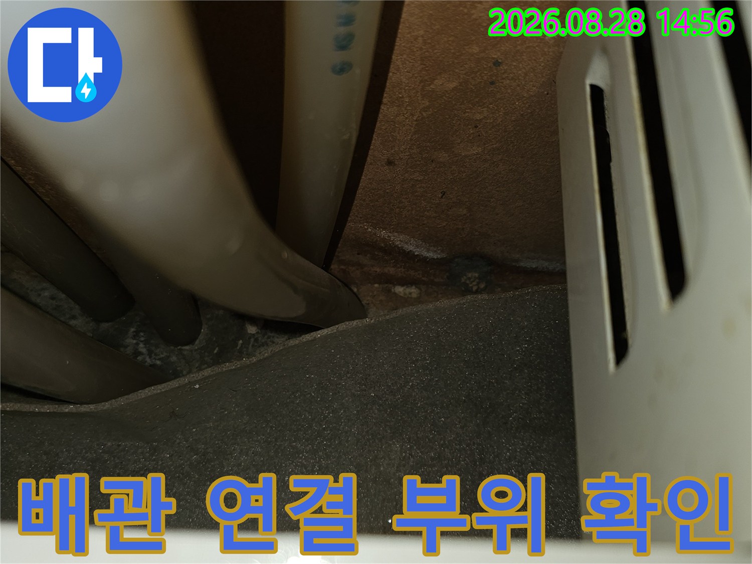 싱크대 하부 배관의 굴곡진 부분과 연결 지점을 면밀히 관찰하는 장면