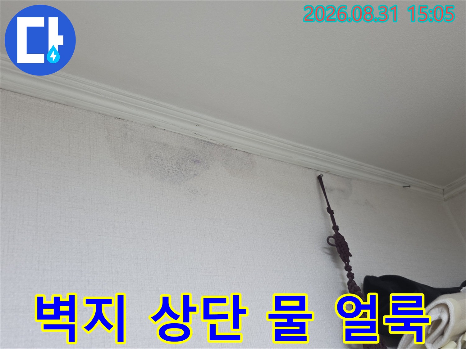 천장 경계 부분-습기가 침투한 벽지 얼룩 부위