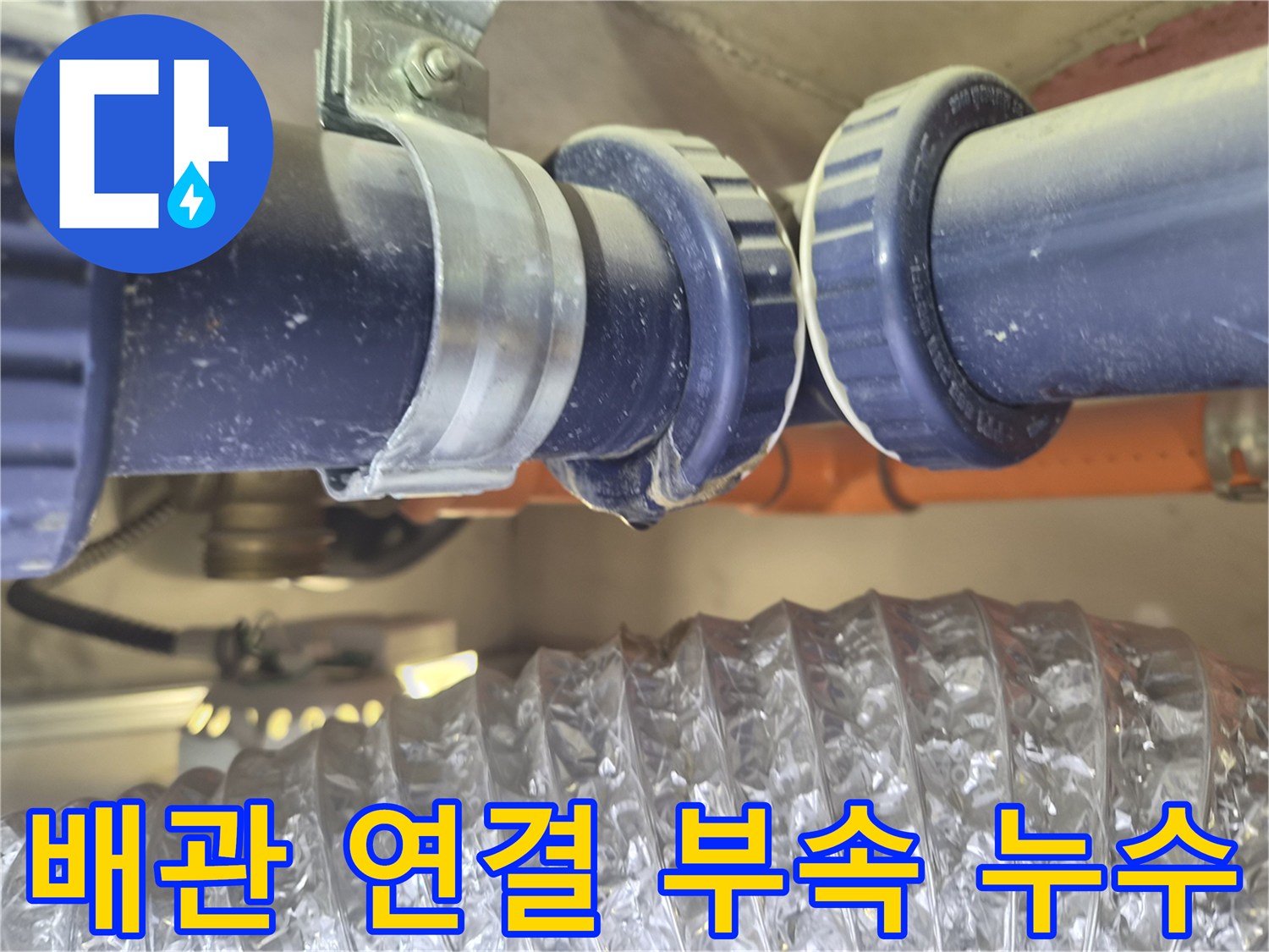 천장 내부 파란색 PVC 배관과 물기가 맺힌 조인트 부위