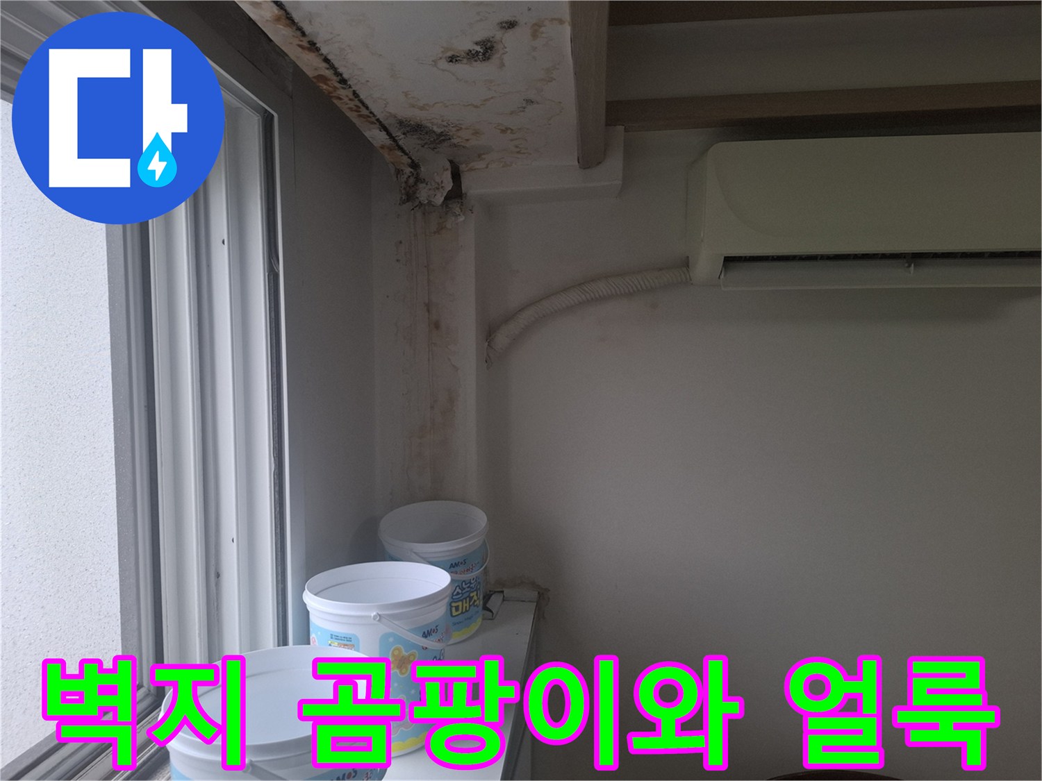 아파트 창가 쪽 벽면과 천장에 나타난 젖은 흔적 및 곰팡이