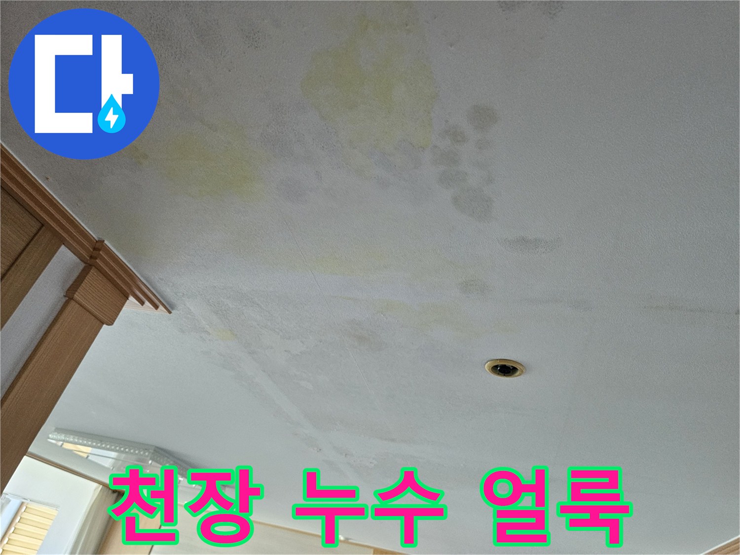 용인 처인구 거실 천장에 발생한 노란색 물샘 흔적과 얼룩 상태
